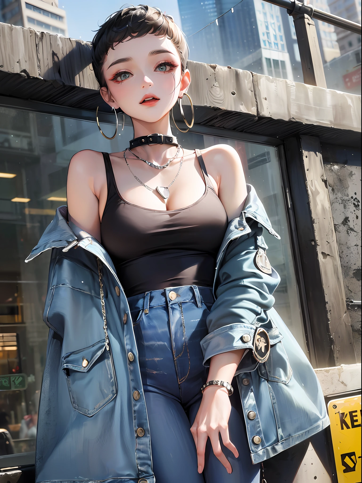 (master masterpiece,:1.2, bestbestquality), (1lady, solo, upper body:1.2), haired: buzz cut, outfits: oversized, Dosage denim jacket,With patches and pins, paired with black skinny jeans and combat boots, cool, Accessories: Silver hoop earrings and black collar-style necklace