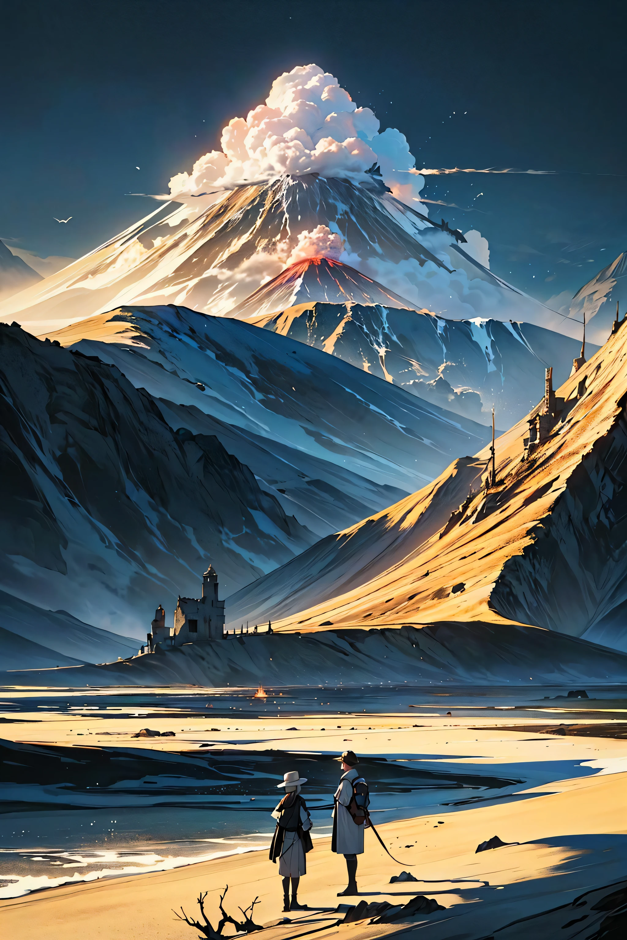 absurdres, (great composition), no_humans, landscape with Simultaneous Contrast, sandbar,savannah,volcano,crest, evening, little,wretched,willing,several