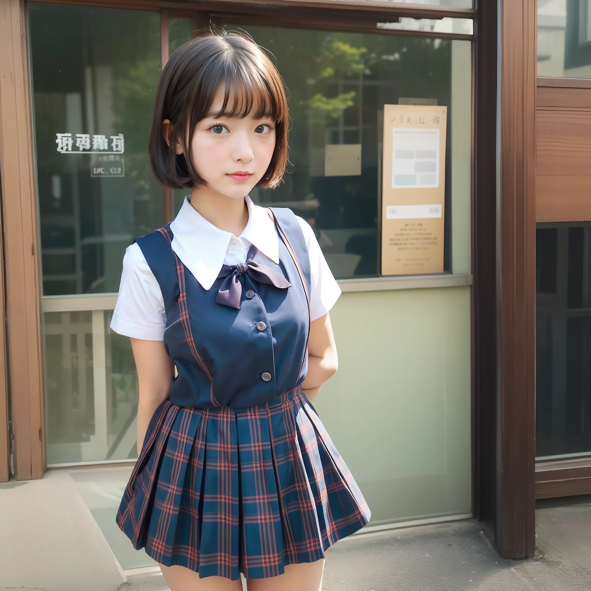 Cute high school girl looking at camera、Short cut、up shot of the face、Summer uniform、from front view