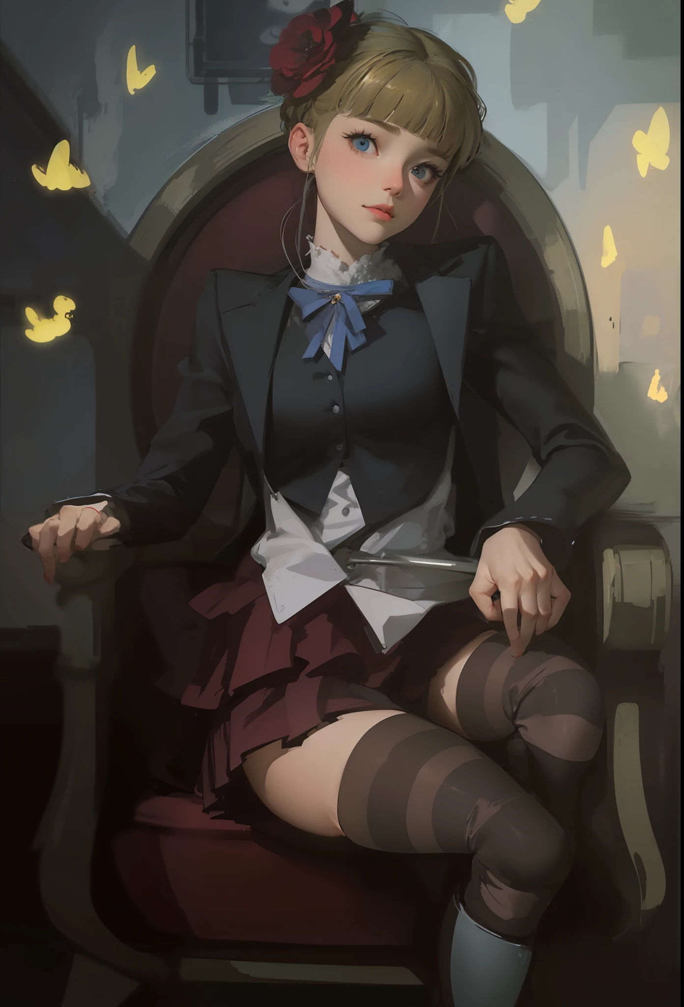 bestbestquality，Ultrahigh Resolution，Detailed face，photorealistic, realistic face， 
（HDR：1.4）， Dramatic， complex background，looking at the viewers，Insanely Detailed， Complicated Detail， Hyper Detail， Soft Cinematic Light， exposure mixing， HDR ，Intense light and shadow，beatrice(umineko),Mature，stable，corners of the mouth raised，bad smiles，Glowing blue eyes，blushed，Black and red stockings，The Mid-barrel boots，gigantic tits，Red puffy miniskirt，Indecent expressions。