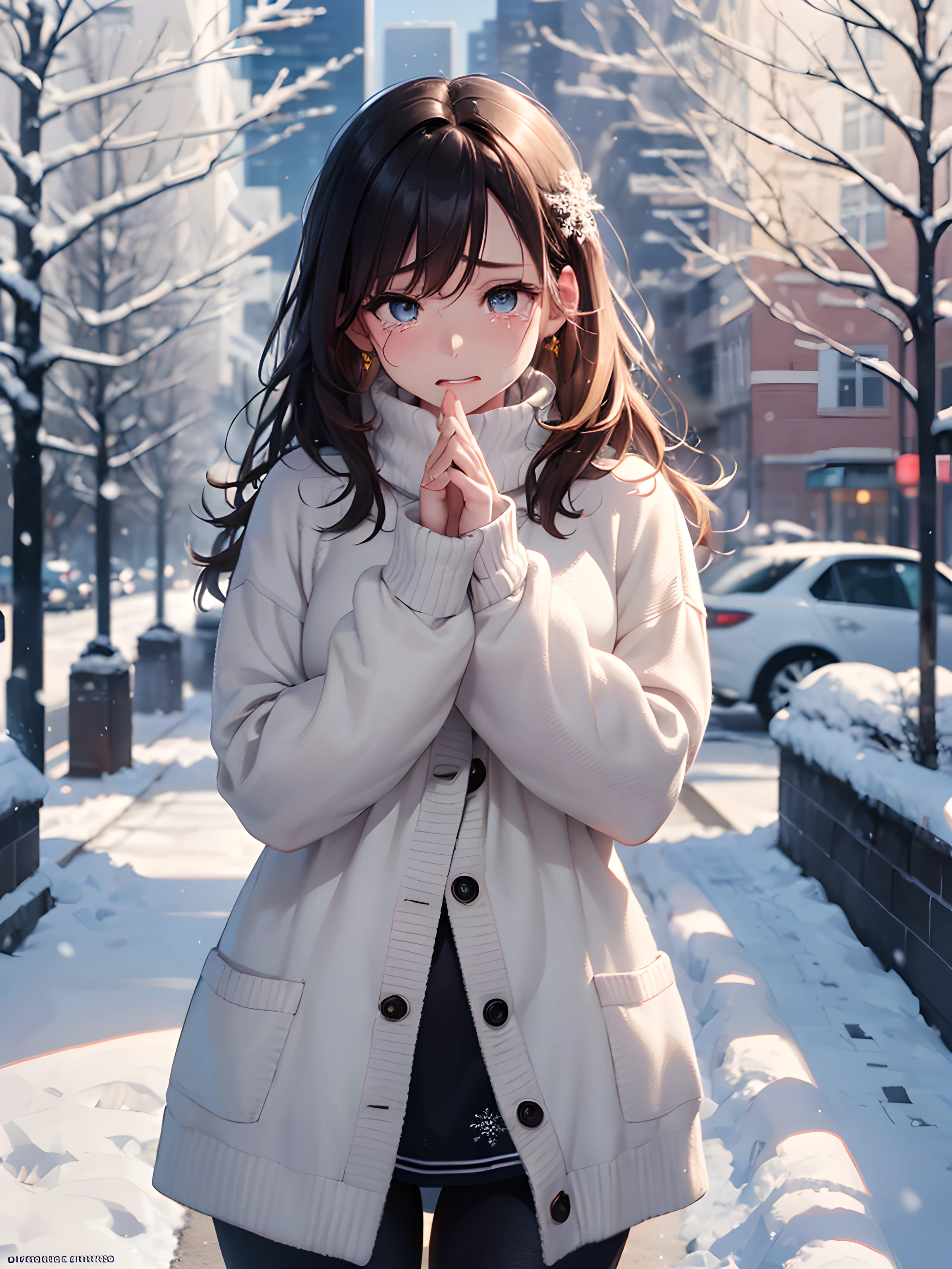 (masterpiece), (portrait), (aesthetic), (beautiful), (upper blody), (high quality), (aesthetic clothings), (professional angle), (rule of thirds), (Feminine), (woman), (female), (beautiful),(feminine features), (21 years), solo, 1 woman, (attractive French), Winter, ((Snow)), (Morning), (Soft Lighting light), ((Standing Alone, Snowflakes Falling, Tears on Face)), (((Tears in eyes))), (Hands by Side Hands), ((Looking Forward Face)), ((Sadness)), (Natural Make-up), (Any Bust), (-), ((Medium Hair)), (Chestnut Hair), (Wavy Hair), (Loose hair), (), (Half-Closed Eyes), (Blue Eyes), (Distant Look), Pale skin, (- Clothing), (Oversized Sweater), (-), (Leggings ), (Turtleneck Neckline), ((Outdoor Setting background)), (Medium Shot Shot), beautiful hands, two hands, normal hands, two arms, complete hands, beautiful body, beautiful fingers, normal fingers, five fingers, five fingers, beautiful ears, normal ears, beautiful eyes, shiny eyes, beautiful mouth, beautiful lips,