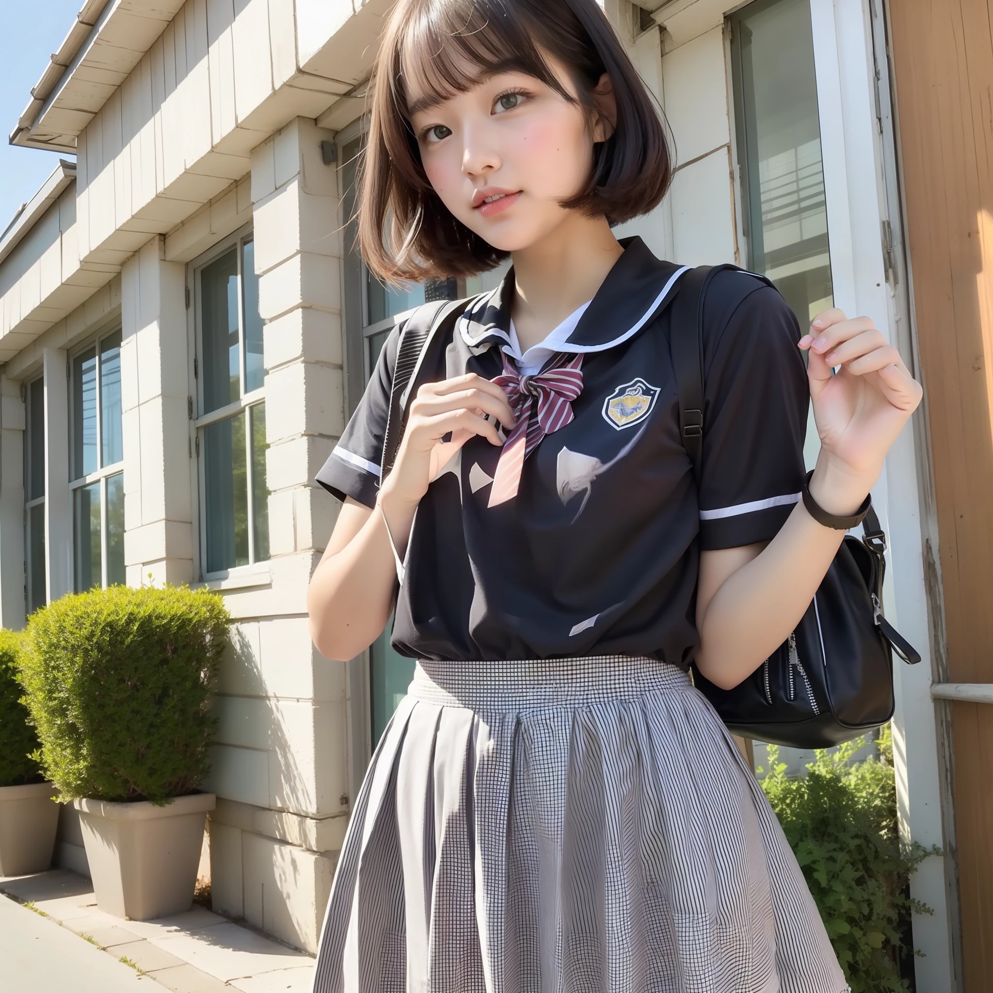 Cute high school girl looking at camera、Short cut、up shot of the face、Summer uniform、from front view