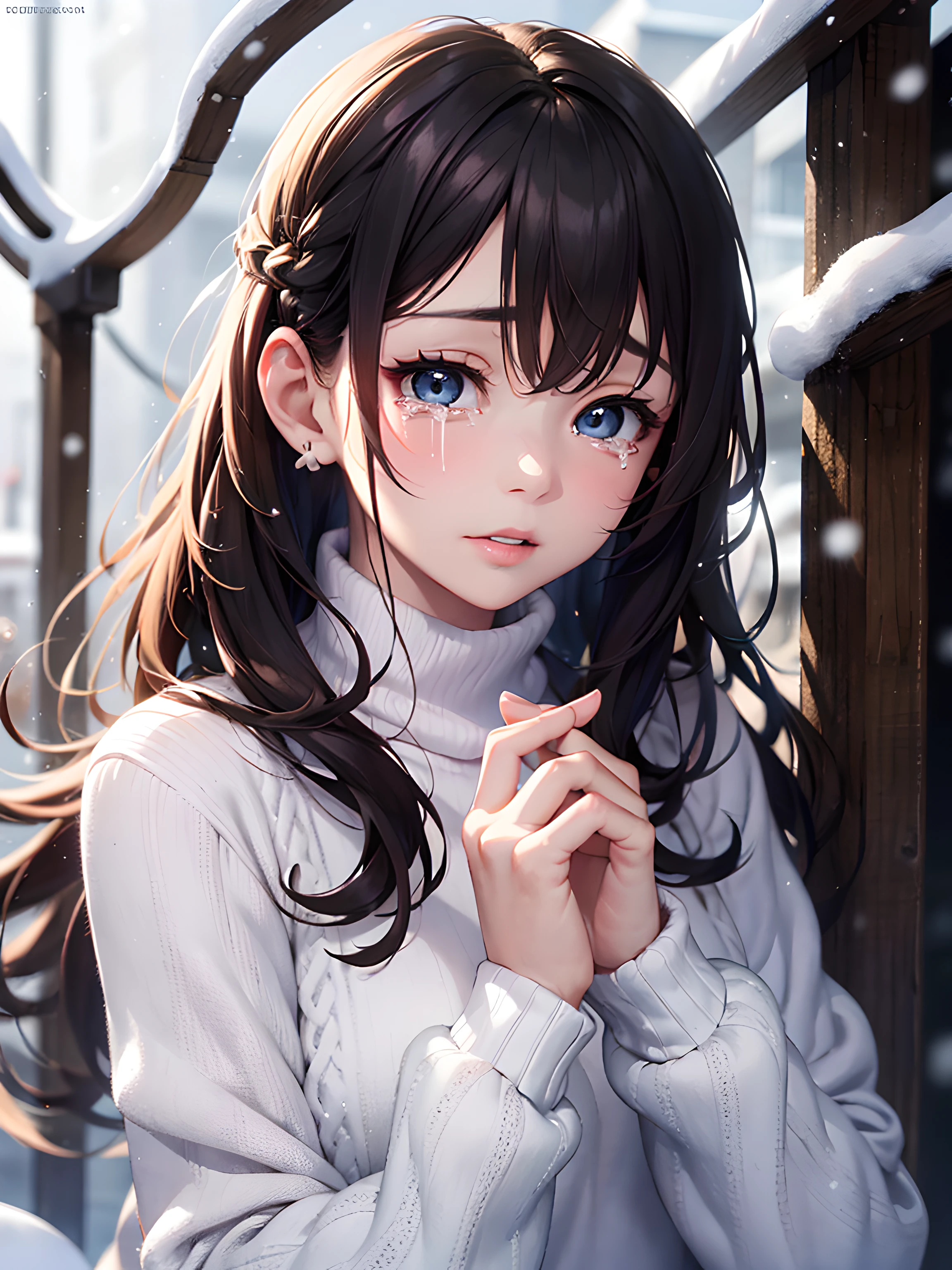 (masterpiece), (portrait), (aesthetic), (beautiful), (upper blody), (high quality), (aesthetic clothings), (professional angle), (rule of thirds), (Feminine), (woman), (female), (beautiful),(feminine features), (21 years), solo, 1 woman, (attractive French), Winter, ((Snow)), (Morning), (Soft Lighting light), ((Standing Alone, Snowflakes Falling, Tears on Face)), (((Tears in eyes))), (Hands by Side Hands), ((Looking Forward Face)), ((Sadness)), (Natural Make-up), (Any Bust), (-), ((Medium Hair)), (Chestnut Hair), (Wavy Hair), (Loose hair), (), (Half-Closed Eyes), (Blue Eyes), (Distant Look), Pale skin, (- Clothing), (Oversized Sweater), (-), (Leggings ), (Turtleneck Neckline), ((Outdoor Setting background)), (Medium Shot Shot), beautiful hands, two hands, normal hands, two arms, complete hands, beautiful body, beautiful fingers, normal fingers, five fingers, five fingers, beautiful ears, normal ears, beautiful eyes, shiny eyes, beautiful mouth, beautiful lips,