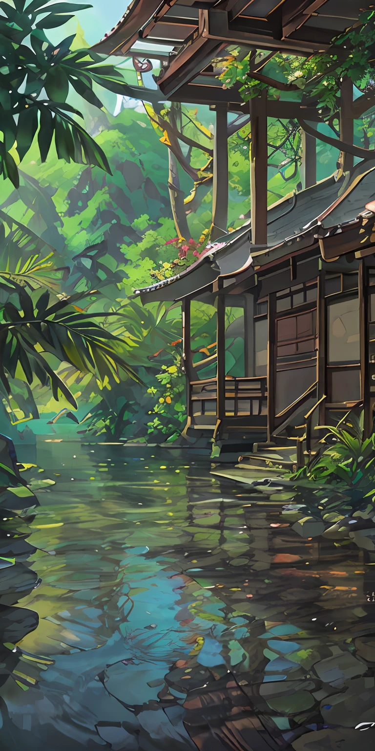 Chinese ancient times, spring, jungle, lake, cave, waterfall, tree, meadow, rock, deer, hot spring, water vapor, (illustration: 1.0), epic composition, realistic lighting, HD details, masterpiece, best quality, (very detailed CG unified 8k wallpaper)