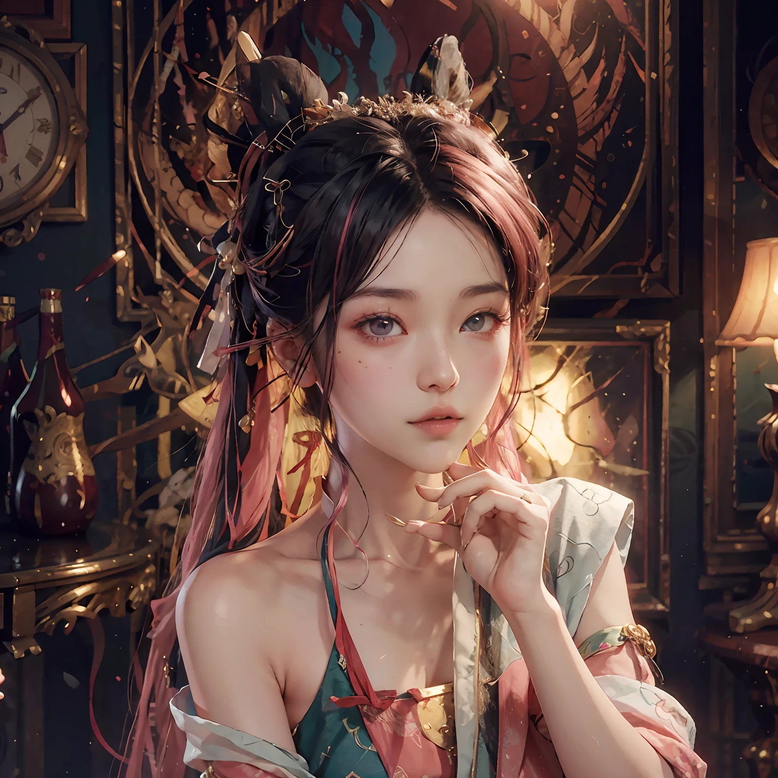 /imagine prompt: illustration of Real person, girl, with long hair, pink pupils, slightly curled hair ends, delicate and pitiful, beautiful nails, detailed and complex environment,, Proportional, first-person view, Quixel Megascans Render, beautiful lighting, Ultrahigh Resolution, high detail , Meticulously crafted, Photorealistic, Post-Apocalyptic World, Surrealism, Hanfu, Portrait Photography --no ugly --s 150 --q 2 --iw 0.5 --r 10 --auto