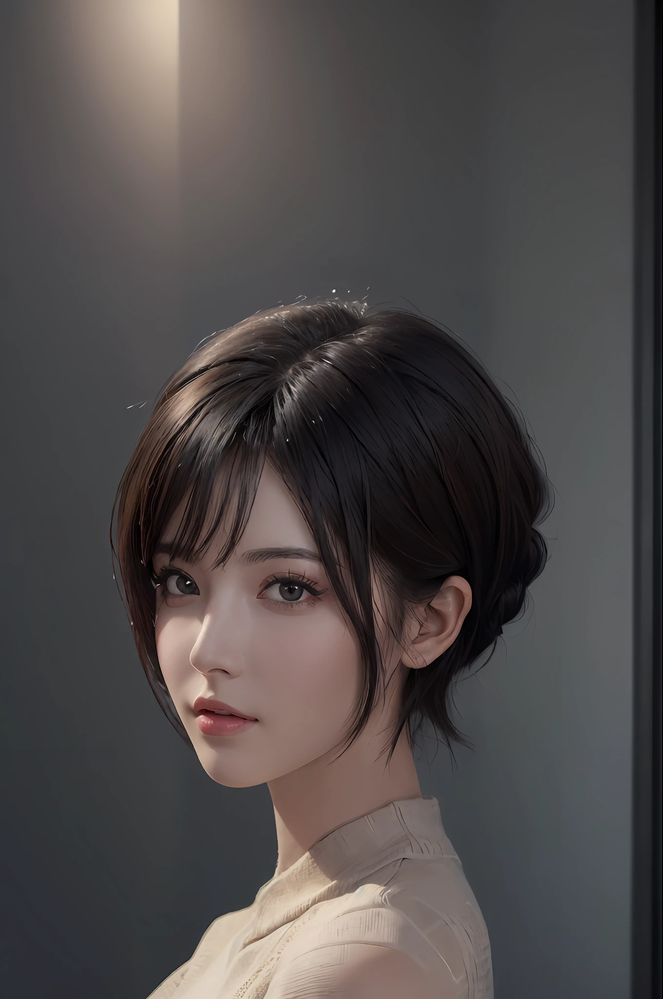(masterpiece:1.3), (8k, photorealistic, RAW photo, best quality: 1.4), (1girl), beautiful face, (realistic face), (black hair, short hair:1.3), beautiful hairstyle, realistic eyes, beautiful detailed eyes, (realistic skin), beautiful skin, (sweater), absurdres, attractive, ultra high res, ultra realistic, highly detailed, golden ratio