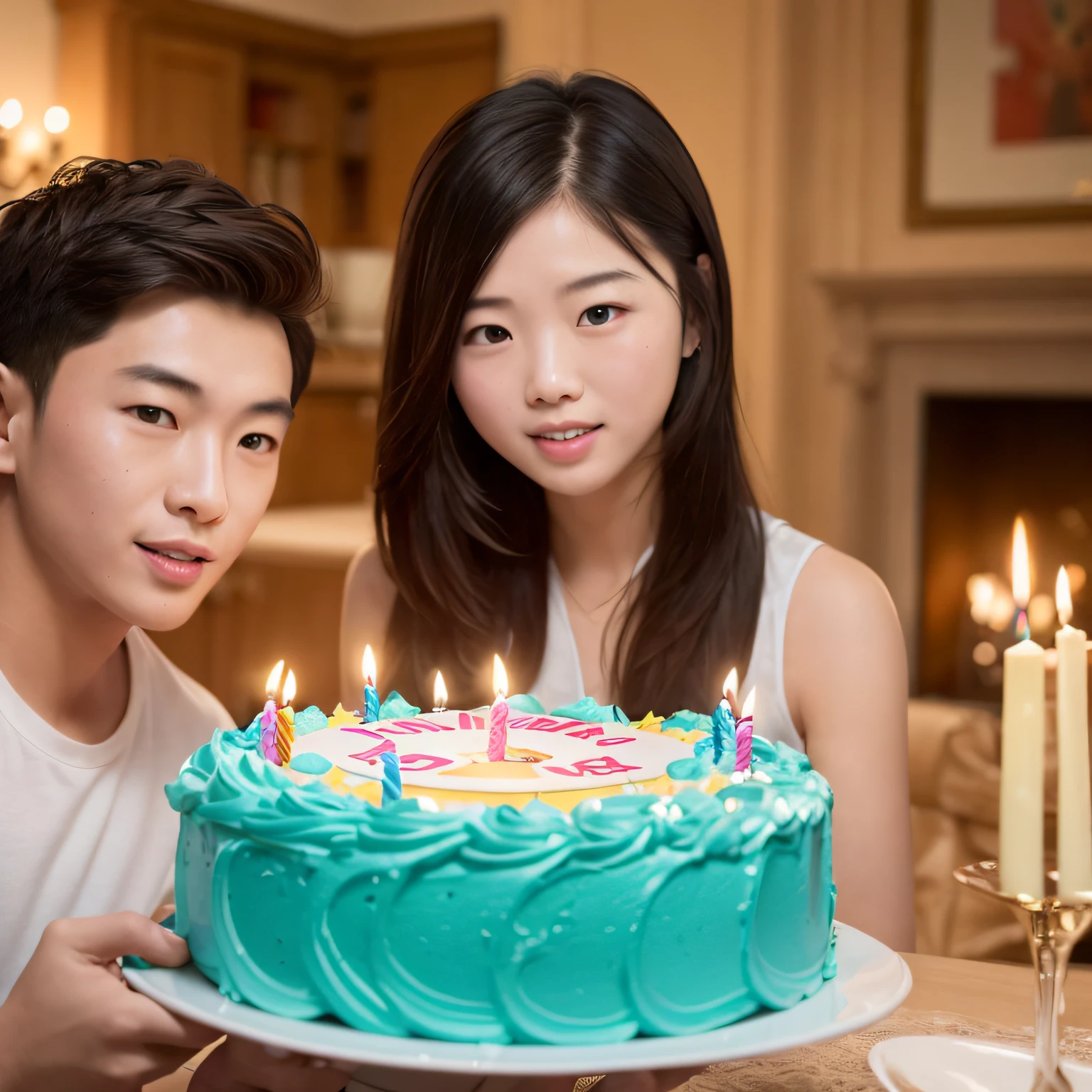 Boys give birthdays to girls,Blow candles,Girls' birthdays,HyperRealistic,In the luxurious living room,2人正面头像,只有2个人,8k --auto