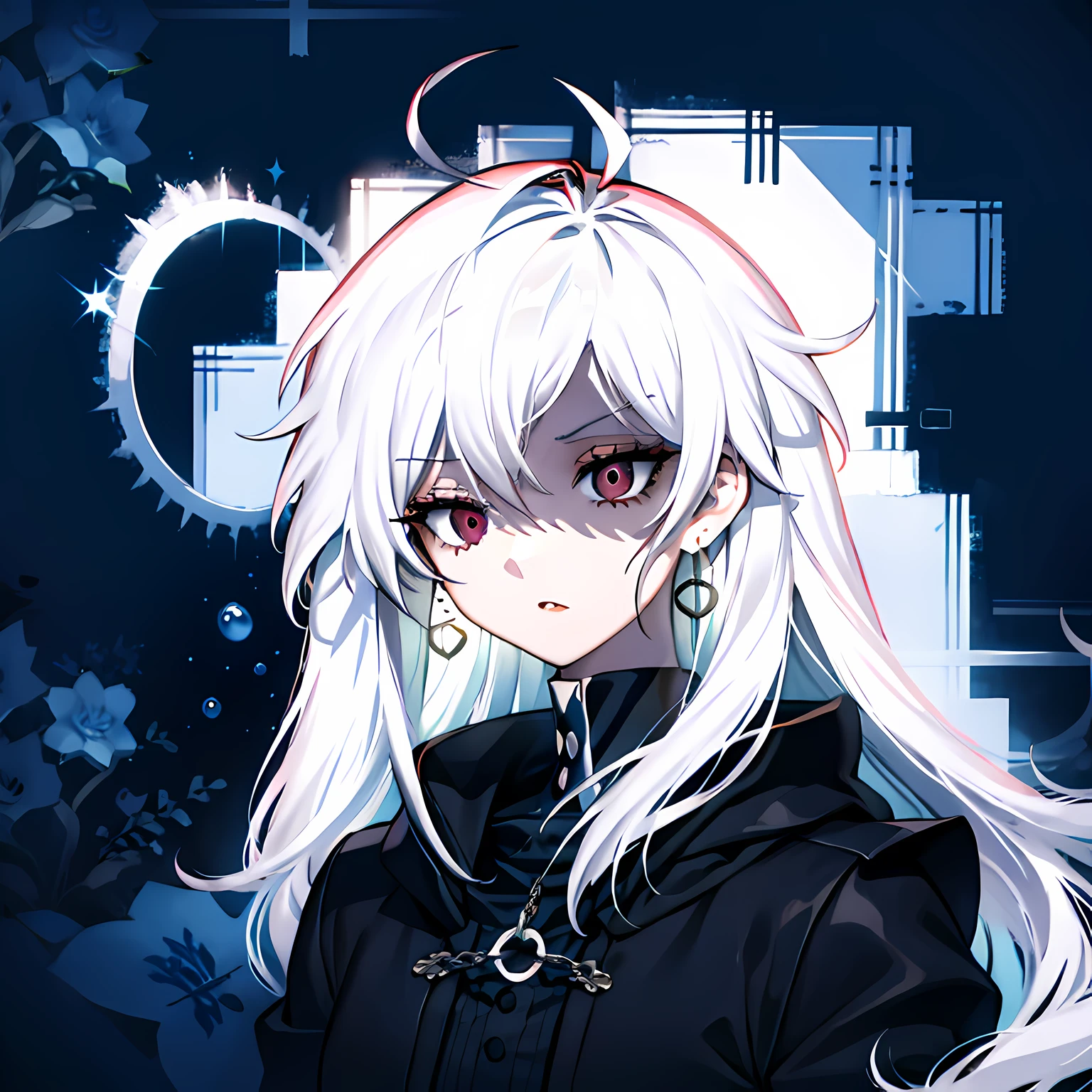 anime girl with white hair and blue eyes in black outfit, gothic maiden anime girl, Dark Gothic queen with red eyes, white haired, 1 7 - year - old anime goth girl, white haired deity, digital art from danganronpa, demon anime girl, Perfect gray haired girl, White haired girl, zerochan art, digital art on pixiv,Exquisite pictures,hd picture,Detail optimization,Contour optimization,Long straight white hair,Hair Over One Eye, very long hair, huge ahoge, antenna hair, glaring, eyebrows behind hair, Disgusted expressions, highdetailed, animesexy,, stereogram, light and shade contrast, depth offield、, image fill, pov, Gothic art, highdetailed, ccurate,bishojo,Delicate earrings,There are black shadows around the eyes,