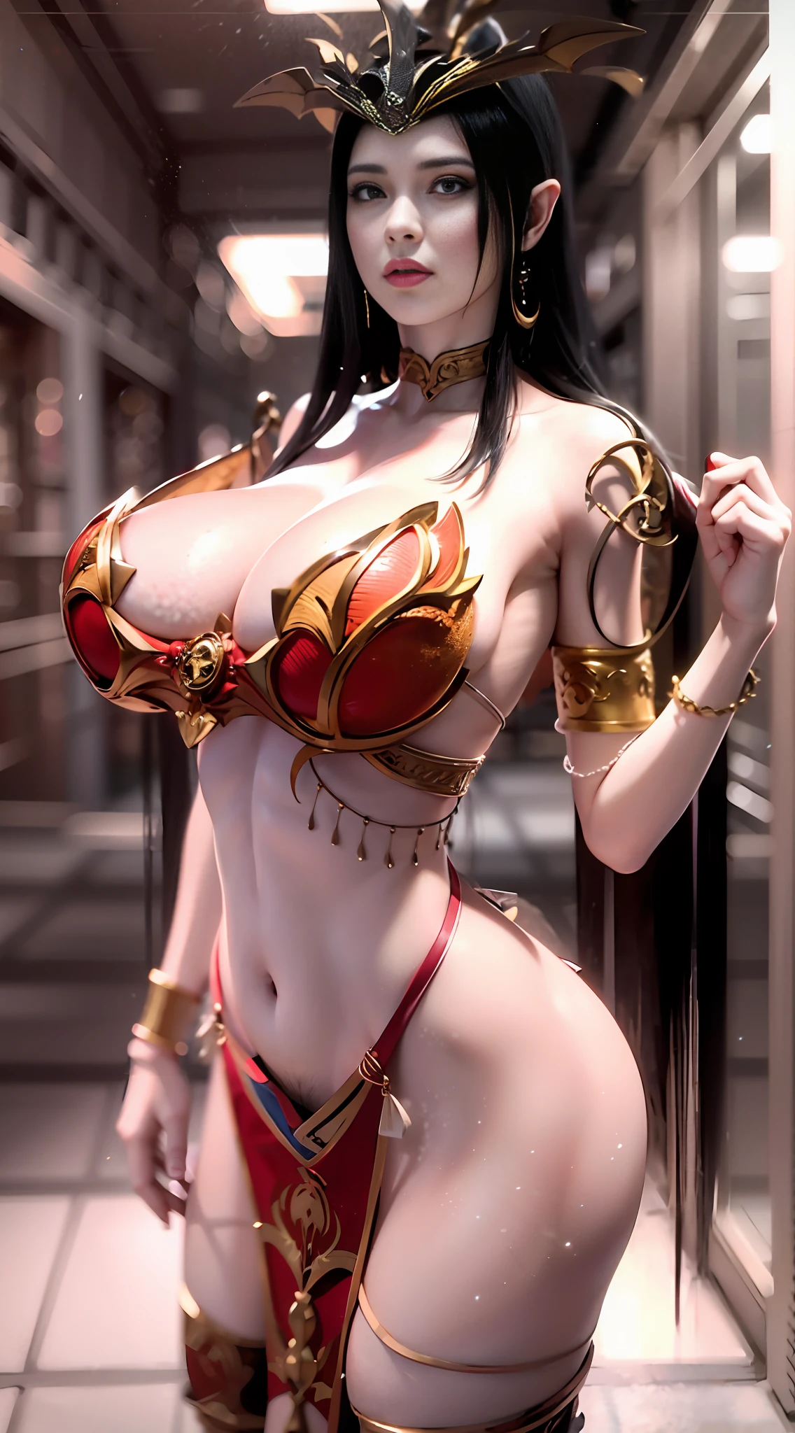Unreal Engine 5 Realistic Rendering, Excellent, black hair, golden eyes, red group, looking up, Donghua character, cosplayer, walking down hallway of Holy palace, beautiful face, makeup, top body is hyper realistic thicc muscular and hyper largest_breasts!! with the type of boobs_melons, lower is huge buttocks, jealous, hair, red theme, bokeh, masterpiece, highres, 1080P, UHD, masterpiece