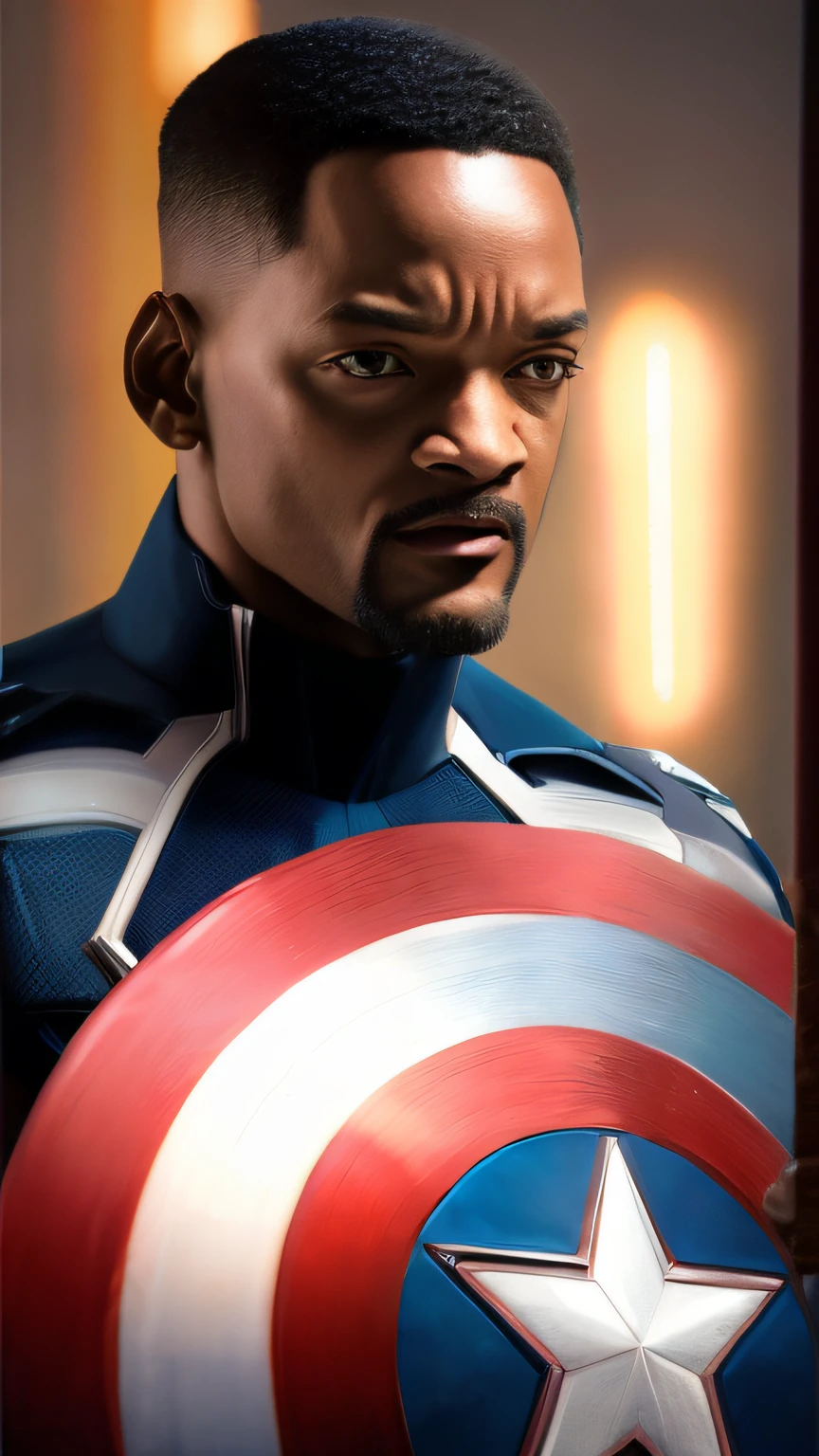 . .Tarantino style Will Smith as Captain America 8k, high definition, detailed face, detailed face, detailed eyes, detailed suit, in style of marvel and dc, hyper-realistic, + cinematic shot + dynamic composition, incredibly detailed, sharpen, details + superb details + evening with light + perfectionism + award winning realism ((moody lighting))