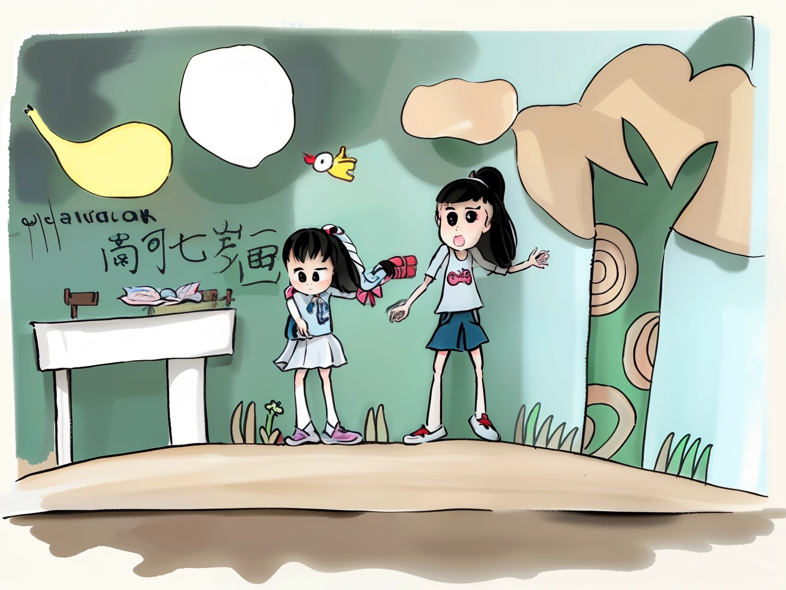 a drawing of a child and a woman standing in front of a sign, kid's drawing, kids drawing, children,'s drawing, kids drawing, children,'s book drawing, kids drawing, Author:Yuki Ogura, a child's drawing, Author:Middle Bokuhn, child's drawing, children,'s artwork, based on child's drawing, children,\'s book drawing --auto