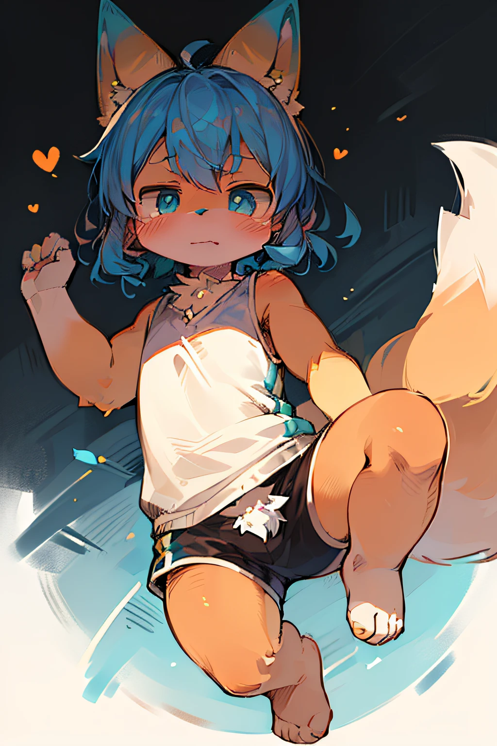 Masterpiece, high quality, absurd resolution, digital painting \ (artwork \), by dagasi, yupa, kiyosan, (fluffy fur, yellow and white fur, full body fur, blue hair, yellow ears, yellow-blue tail, yellow thighs, orange feet, shyness), human male fox. Blue eyes, bright eyes, character focus. (shorts), (fox), cycling
