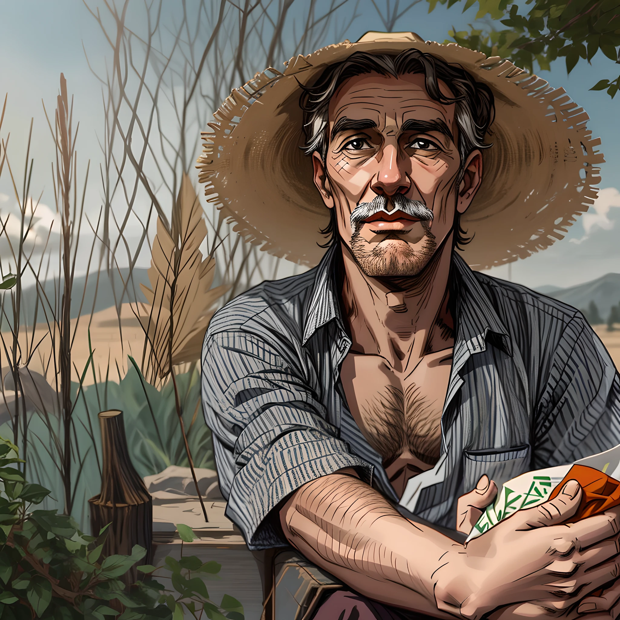 There is a man wearing a hat and holding a handkerchief., retrato de un anciano,
