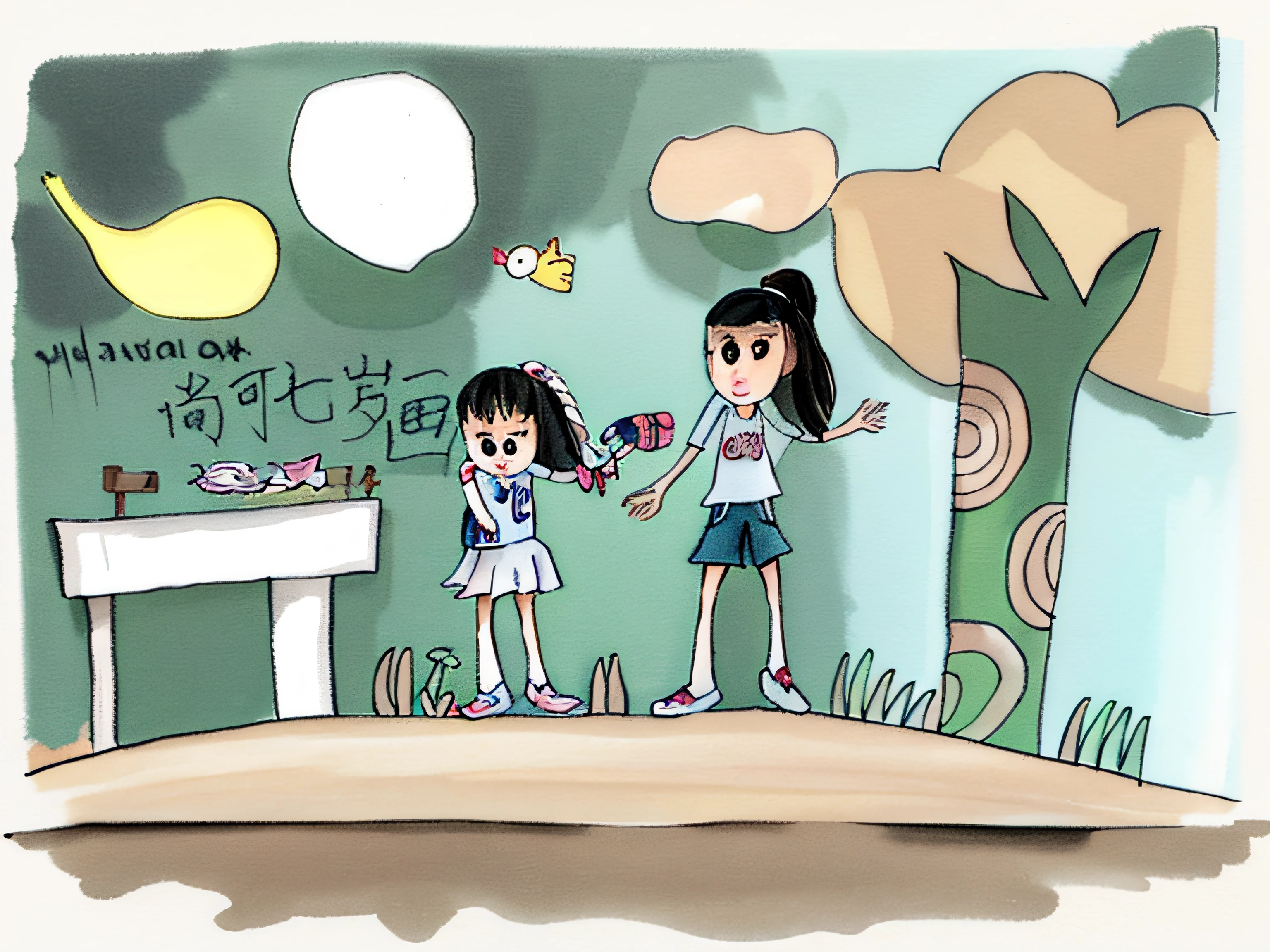 a drawing of a child and a woman standing in front of a sign, kid's drawing, kids drawing, children，'s drawing, kids drawing, children，'s book drawing, kids drawing, Author：Yuki Ogura, a child's drawing, Author：Middle Bokuhn, child's drawing, children，'s artwork, based on child's drawing, children，\'s book drawing --auto