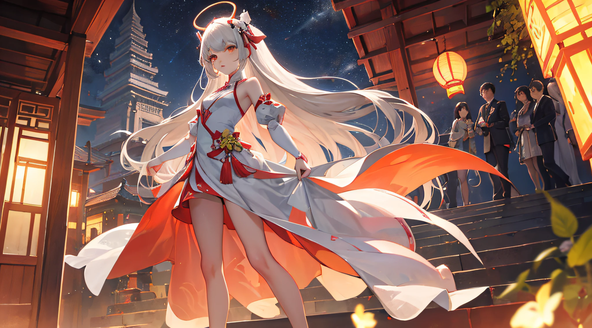 The nine-tailed fox,Ali,slim legs,Small white shoes,weddingdress,Ultra-guangjiao,a ,solo,Night sky,Stand up,ancient architecture,Southeast Asian architectural style,Peach Blossom,Knolling,Long gray hair,Incredibly long hair