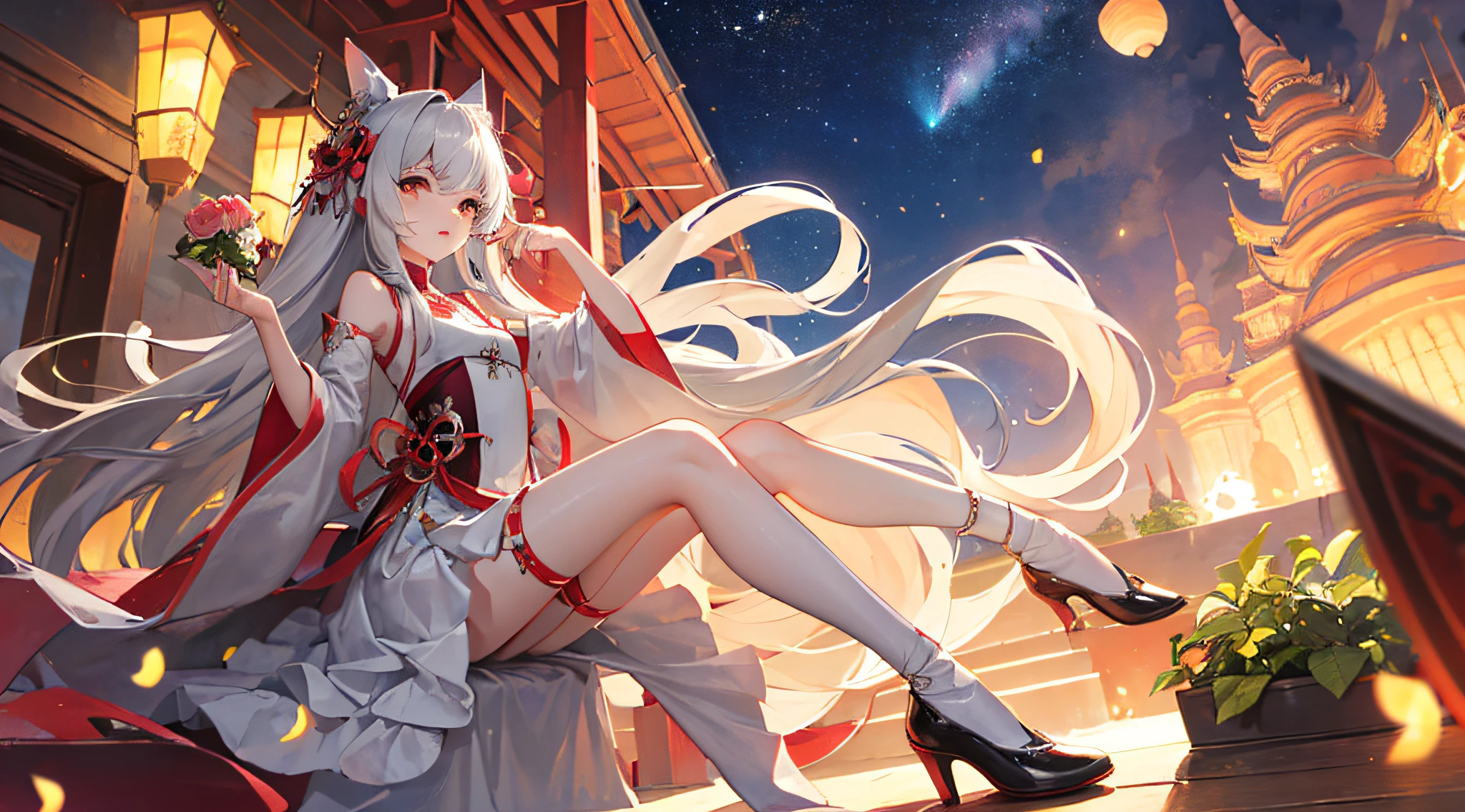 The nine-tailed fox，Ali，slim legs，Small white shoes，weddingdress，Ultra-guangjiao，a ，solo，Night sky，Stand up，ancient architecture，Southeast Asian architectural style，Peach Blossom，Knolling，Long gray hair，Incredibly long hair