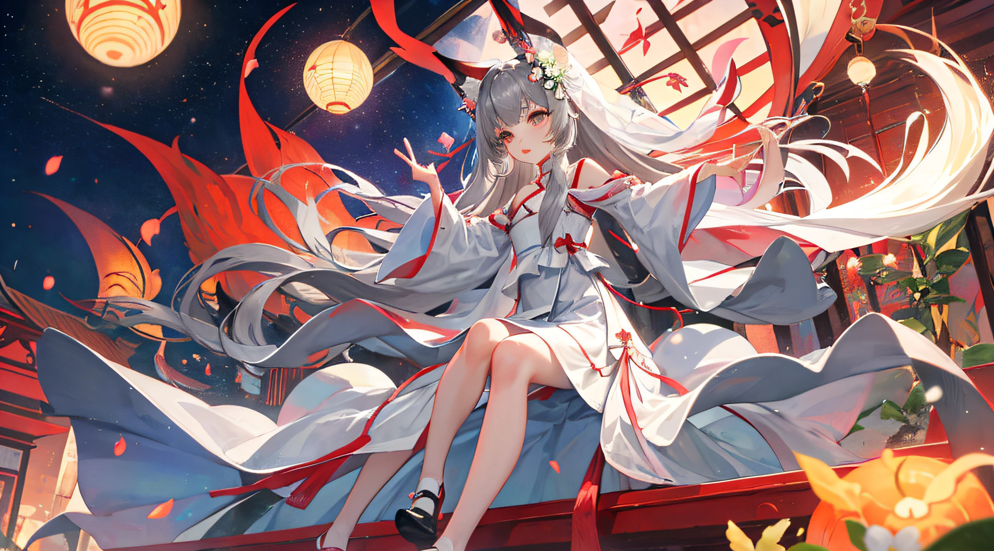 The nine-tailed fox，Ali，slim legs，Small white shoes，weddingdress，Ultra-guangjiao，a loli，solo，Night sky，Stand up，ancient architecture，Southeast Asian architectural style，Peach Blossom，Knolling，Long gray hair，Incredibly long hair