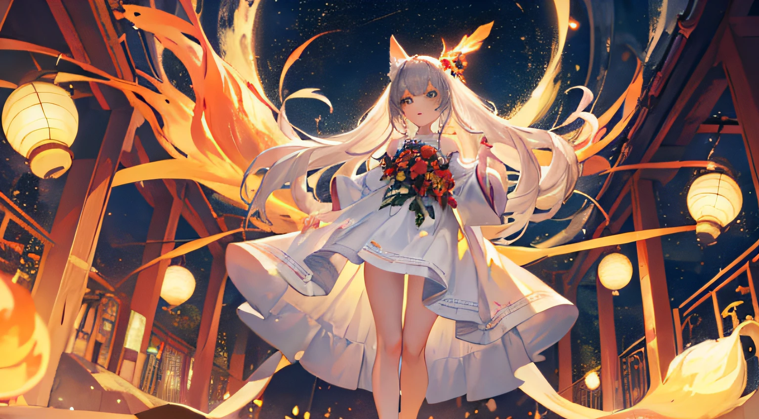 (master masterpiece:1.5),(best picture quality:1.5),(Super fine:1.5),Ultra-Wide Angle，UHQ，8k，Nine-tailed fox，Ali，slim legs，Small white shoes，Golden yellow wedding dress，Ultra-guangjiao，A Girl，solo，Night sky，Knolling，ancient architecture，Southeast Asian architectural style，Peach Blossom，Stand up，Long gray hair，Incredibly long hair