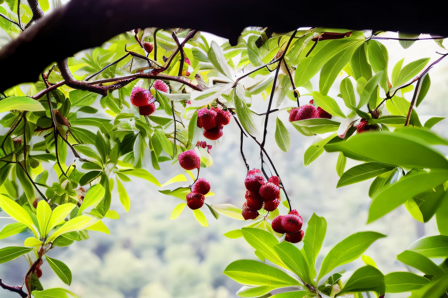 Many arbutus hang from the branches,Cyberpunk effect --auto