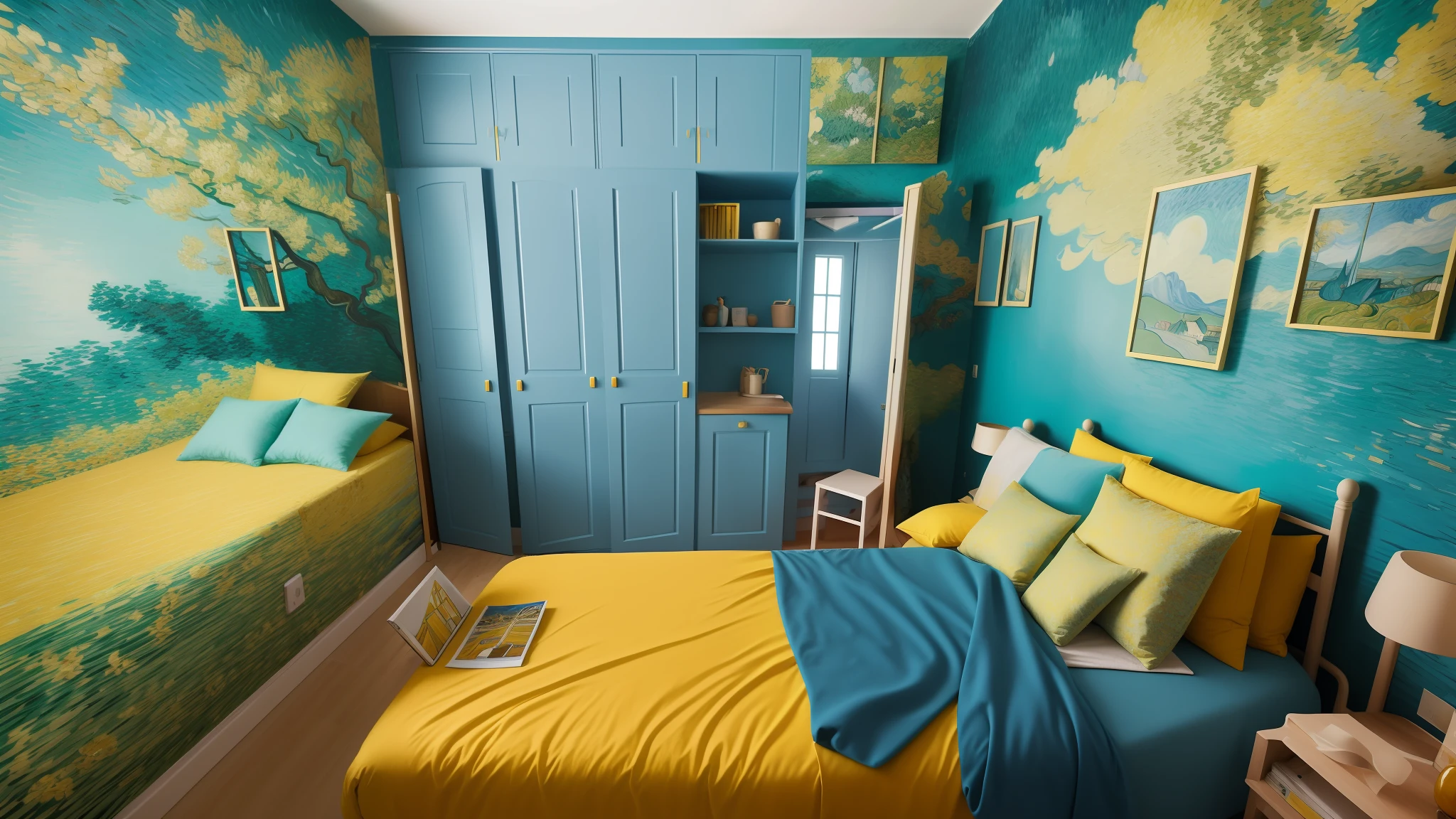 There is a bed with a blue duvet of a van gogh painting and yellow and blue pillows, men's personal room background, van gogh style room, small and cozy student room, small room, inside a men's room, iOS 3D room photography, small room, photorealistic room, bright room, interior of a small room, A living room, Van Gogh puzzle room, a sunny artistic room