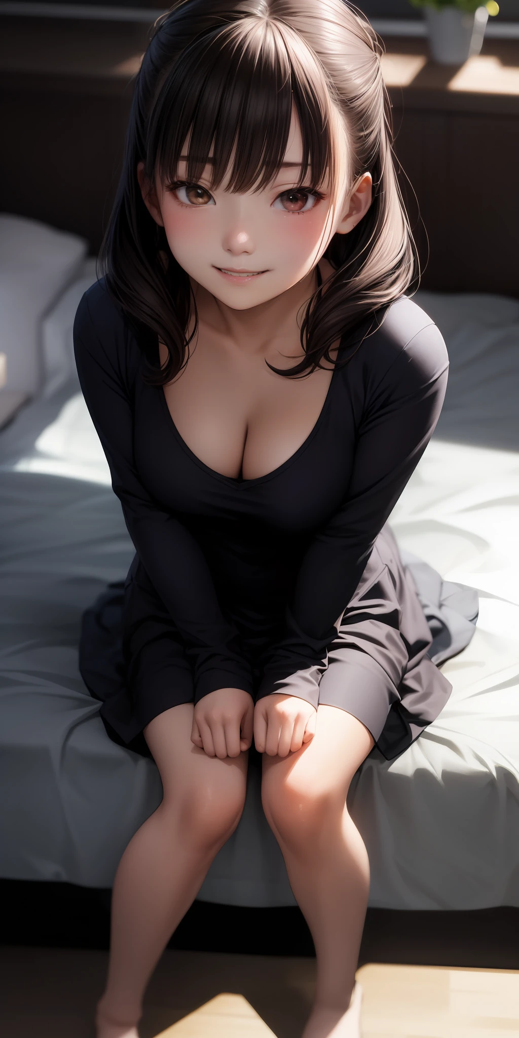 realistice，女性中学校の学生2人，Smile，Face Zoom sitting on bed，Looking up、Hairstyle unkempt，sigh，Slightly red in the face、Cleavage emphasis