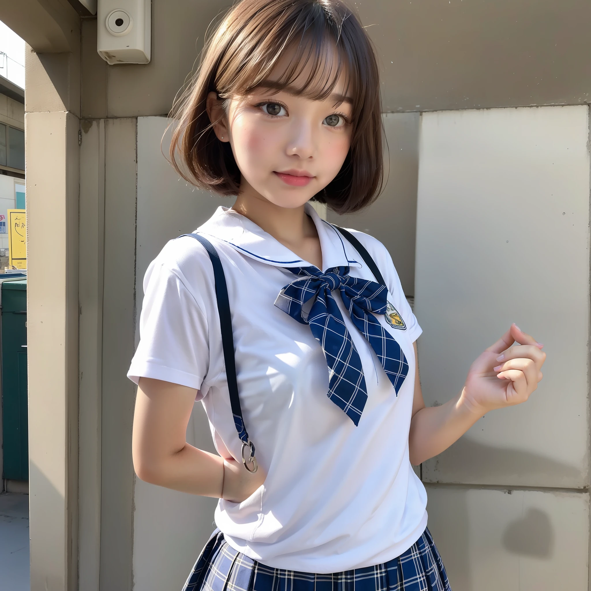 Cute high school girl looking at camera、Short cut、up shot of the face、Summer uniform、from front view