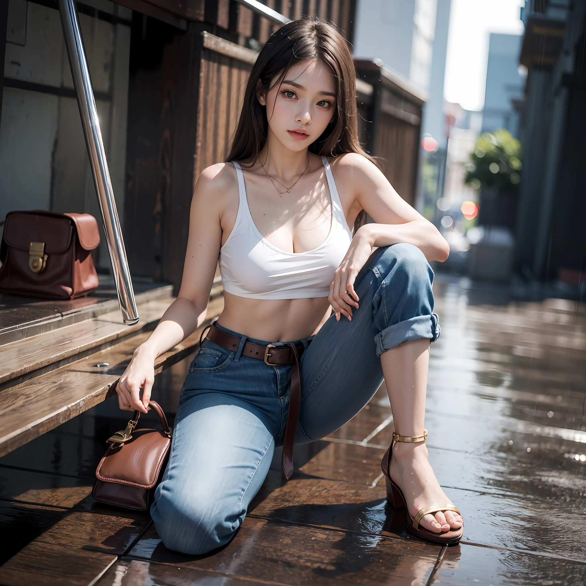 8k, Best Quality, (Beauty), High Resolution, Realistic, Real Person, (1 Girl: 1.5), (Solo: 1), Physically Based Rendering, Ultra High Definition, (Full Body: 1.5), Narrow Waist, Skinny, LeonAms, Muscular, Big Blue Eyes, Long Legs, Jeans, Leather Belt, (Rain City), Glossy Skin, Facing Viewer, Winning Posture,