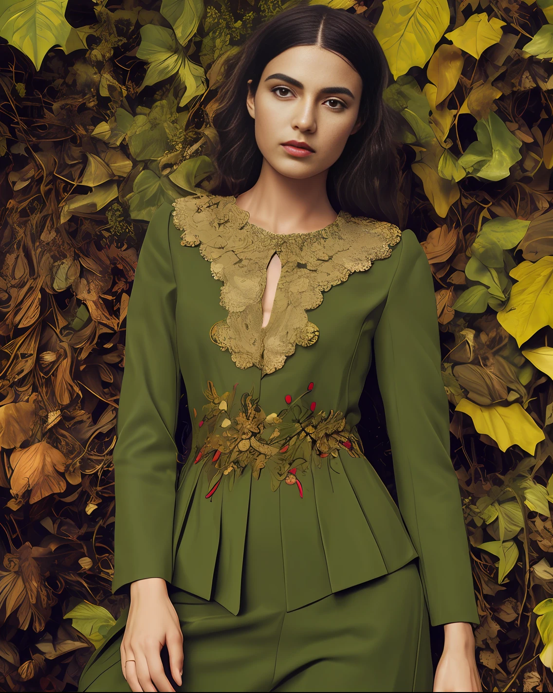 woman is in green leaf suit of lace and felt posing for picture, in the style of textile assemblages, ornamental details and embellishments, muted, earthy tones, pre-raphaelite-inspired, exquisite clothing detail