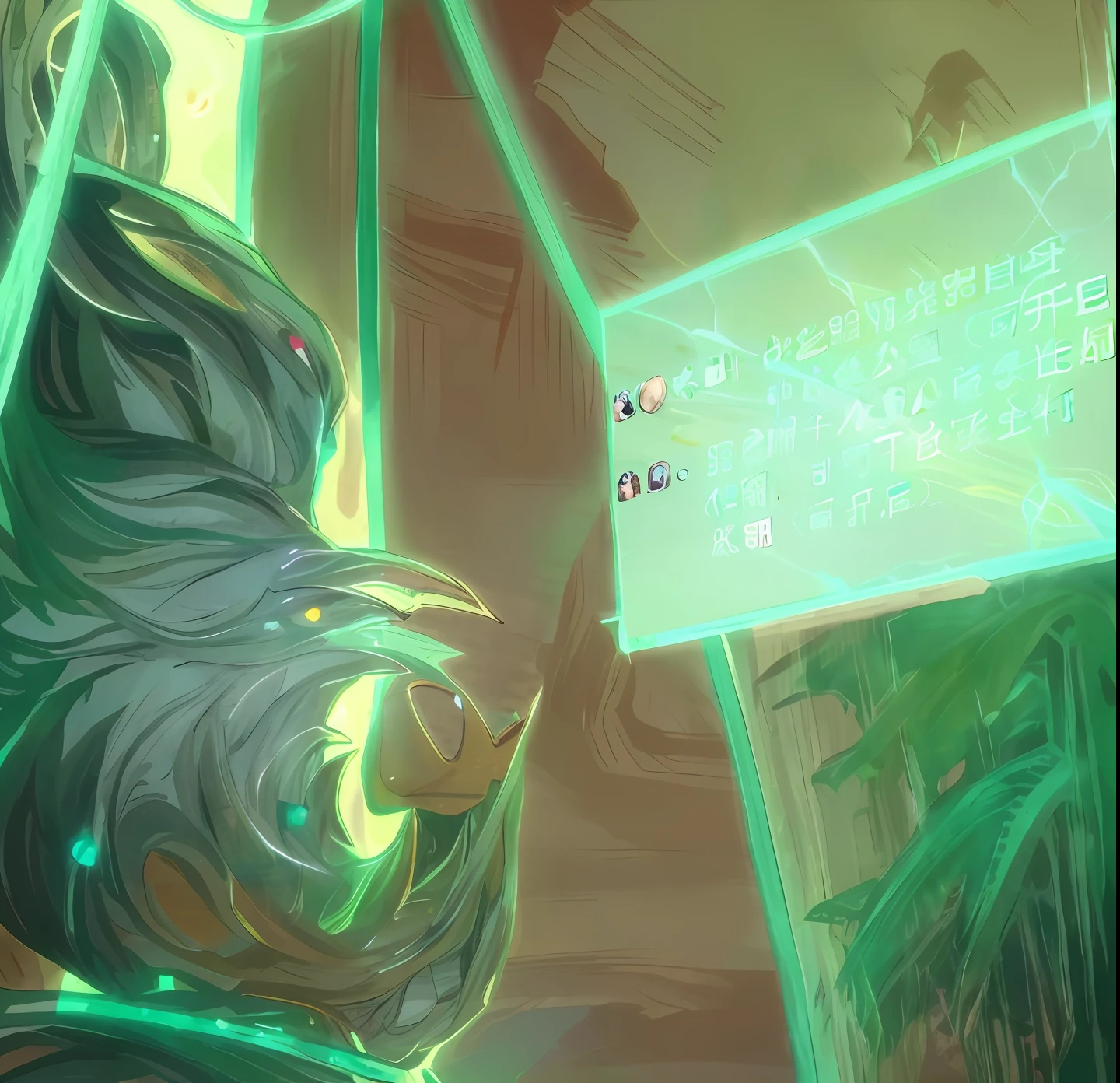 anime character holding a sign with a green background, chinese text, emerald tablet, screenshot from the anime film, random background scene, background image, game screenshot, background art, Author:Shitao, cutscene, Author:New Art, from league of legends, profile picture 1024px, isekai manga panel, lu ji, from hearthstone --auto