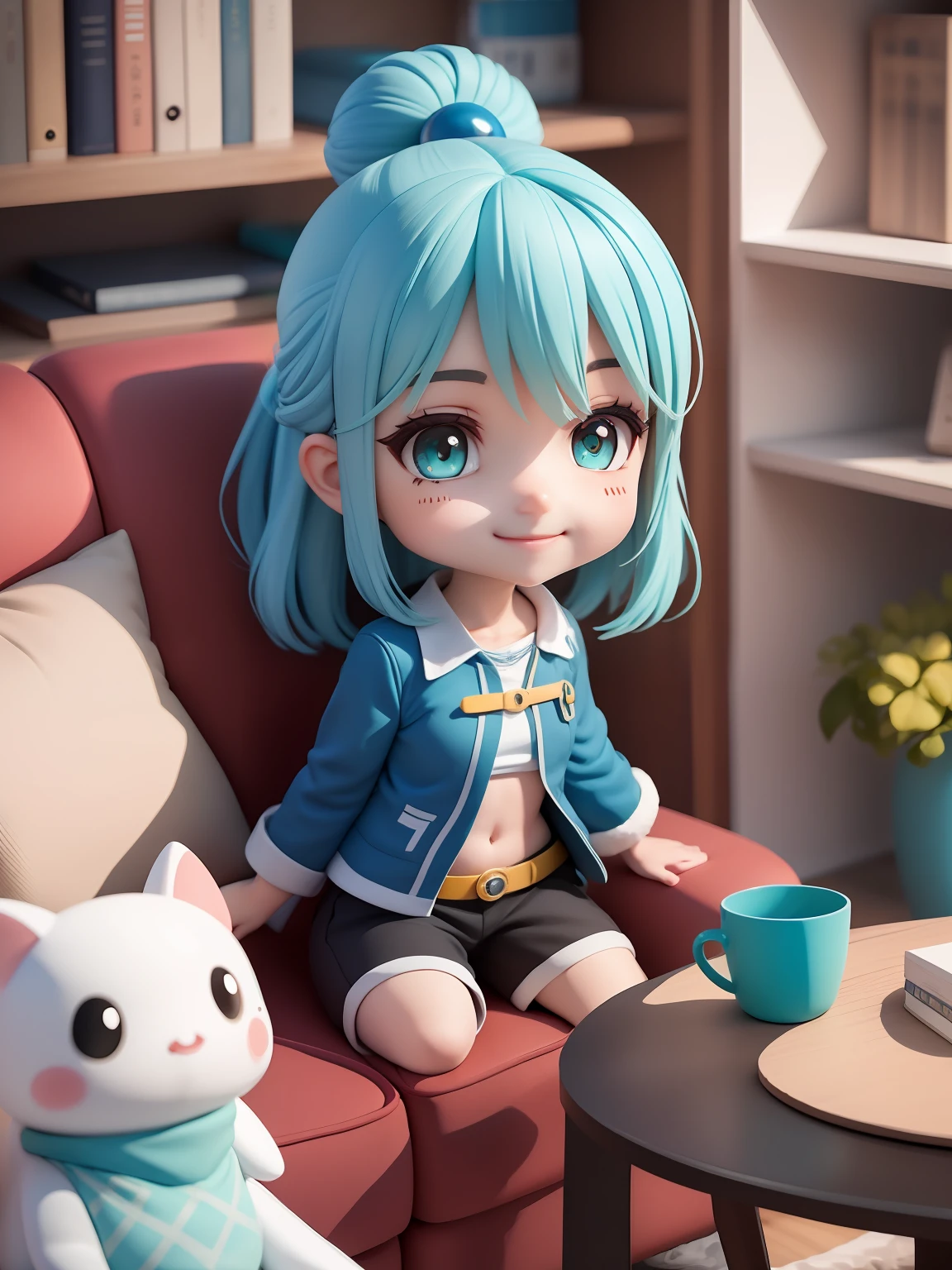 (obra-prima),(melhor qualidade),(ultra-detalhado), (corpo inteiro: 1.2), 1girl(aqua_konosuba), chibi,fofo, sorriso, corte de cabelo longo azul claro, olhos azuis, brinco, camisa branca, saia preta, meias de renda, (sitting on the red couch), postura sedutora, sorriso, An elegant black coffee table sits in front of the sofa and some decorative items are placed on the shelves, (rosto bonito e detalhado), (lindos olhos detalhados),