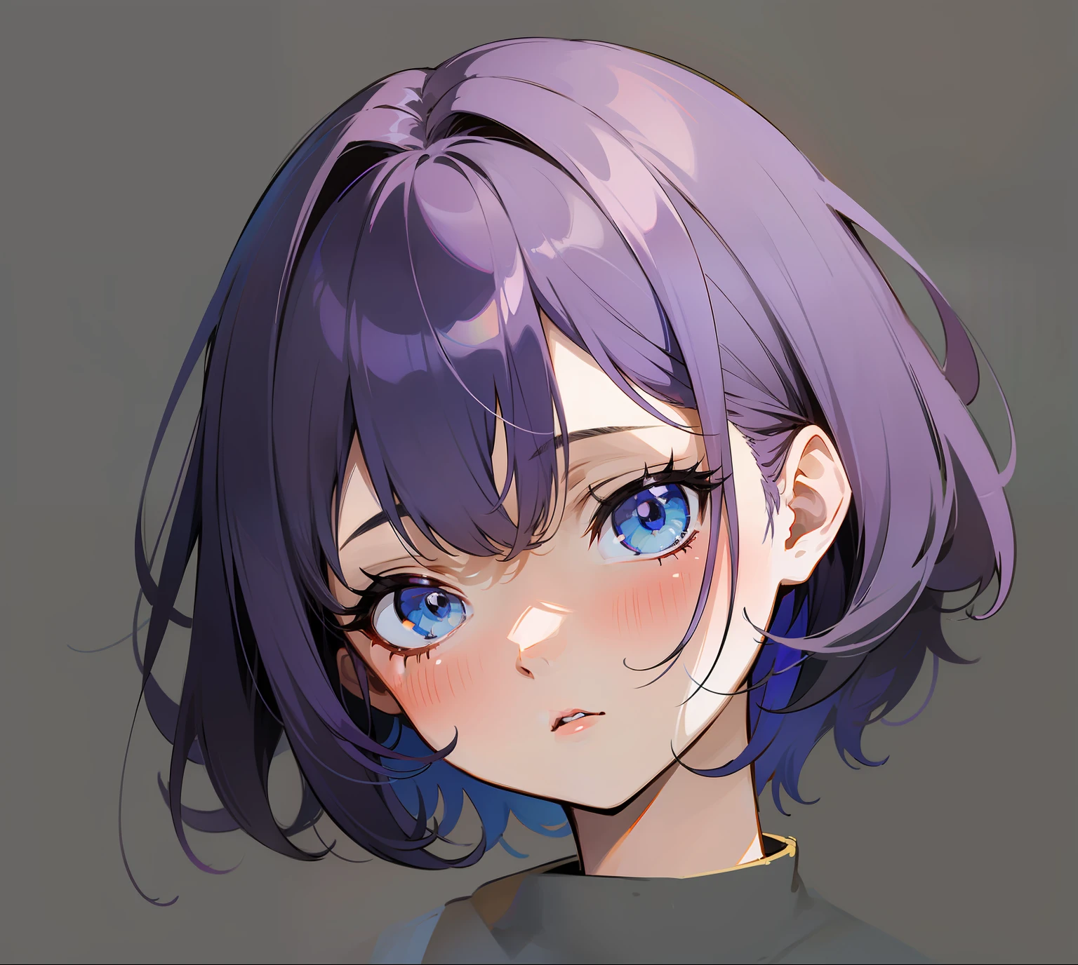 Anime girl with purple hair and blue eyes staring at something, anime moe art style,