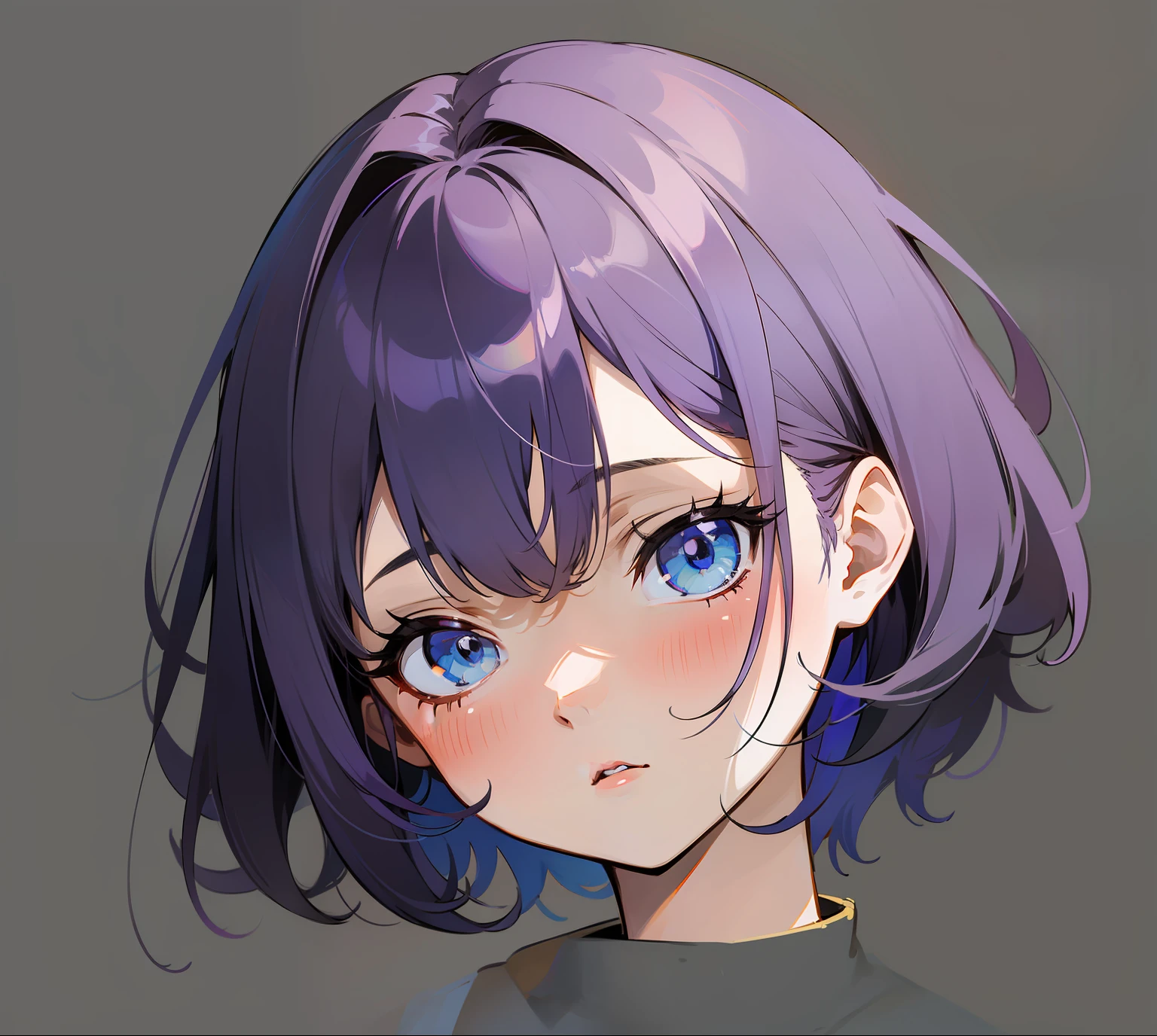 Anime girl with purple hair and blue eyes staring at something, anime moe art style,