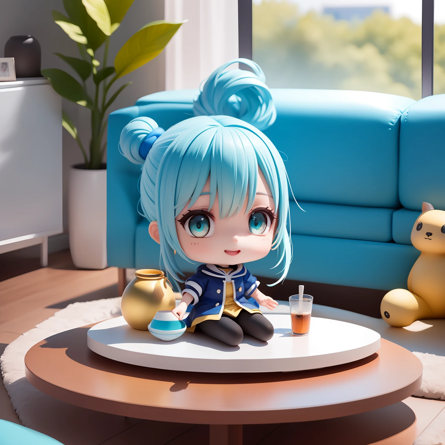 (obra-antes),(melhor qualidade),(Ultra-detalhado), (corpo inteiro: 1.2), 1girl(aqua_Konosuba), chibi,fofo, sorrir, corte de cabelo longo azul claro, olhos azuis, brinco, camisa azul, saia azul, meias de renda, (sitting on the red couch), postura sedutora, sorrir, An elegant black coffee table sits in front of the sofa and some decorative items are placed on the shelves, (rosto bonito e detalhado), (lindos olhos detalhados),