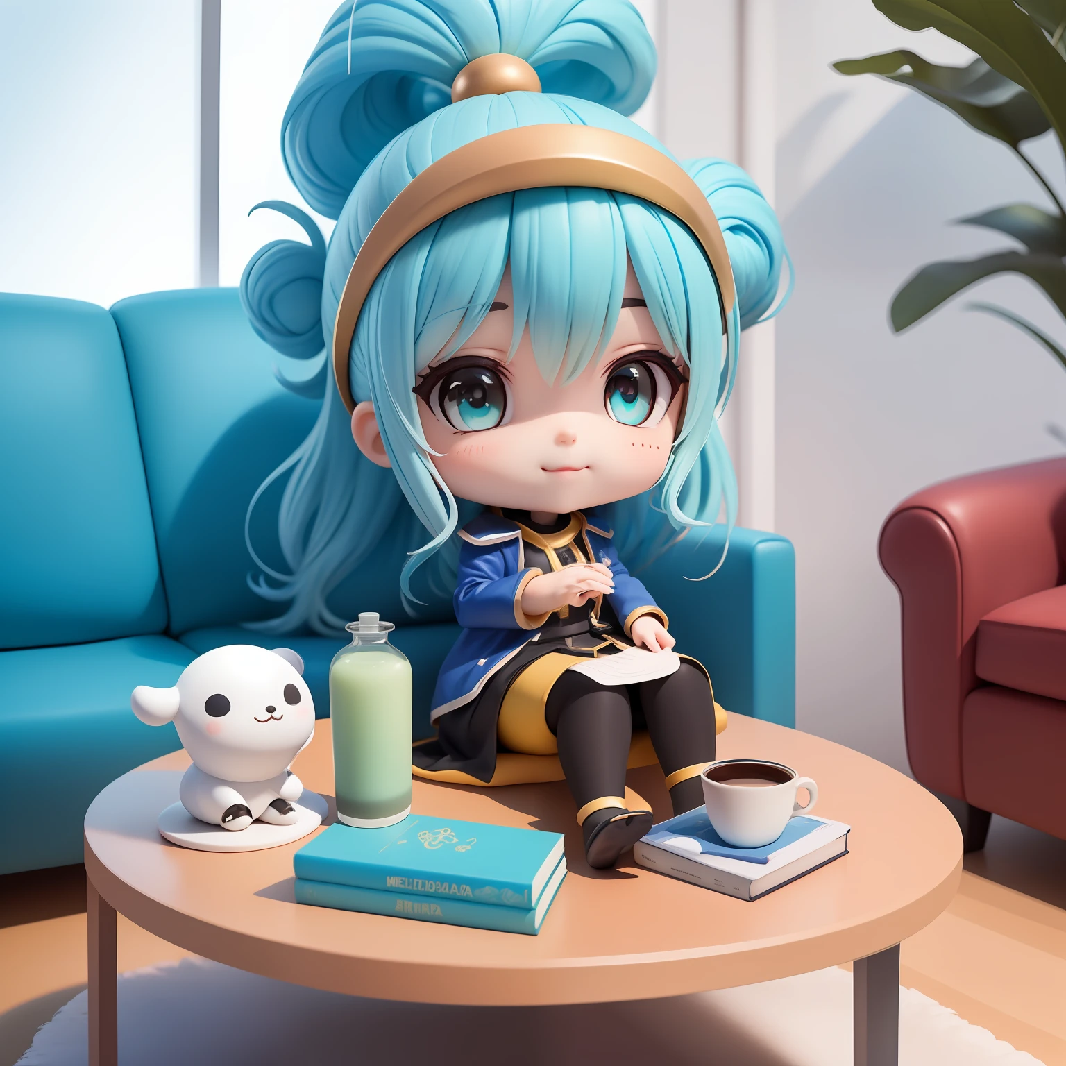 (obra-antes),(melhor qualidade),(Ultra-detalhado), (corpo inteiro: 1.2), 1girl(aqua_Konosuba), chibi,fofo, sorrir, corte de cabelo longo azul claro, olhos azuis, brinco, camisa azul, saia azul, meias de renda, (sitting on the red couch), postura sedutora, sorrir, An elegant black coffee table sits in front of the sofa and some decorative items are placed on the shelves, (rosto bonito e detalhado), (lindos olhos detalhados),