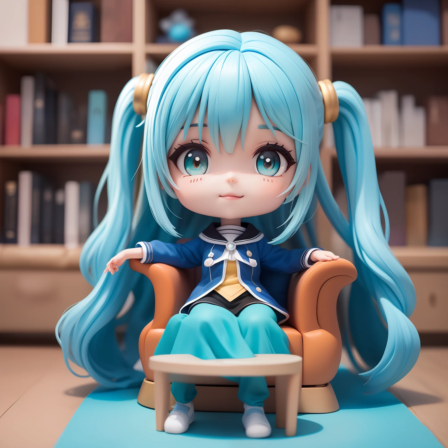 (obra-antes),(melhor qualidade),(Ultra-detalhado), (corpo inteiro: 1.2), 1girl(aqua_Konosuba), chibi,fofo, sorrir, corte de cabelo longo azul claro, olhos azuis, brinco, camisa azul, saia azul, meias de renda, (sitting on the red couch), postura sedutora, sorrir, An elegant black coffee table sits in front of the sofa and some decorative items are placed on the shelves, (rosto bonito e detalhado), (lindos olhos detalhados),