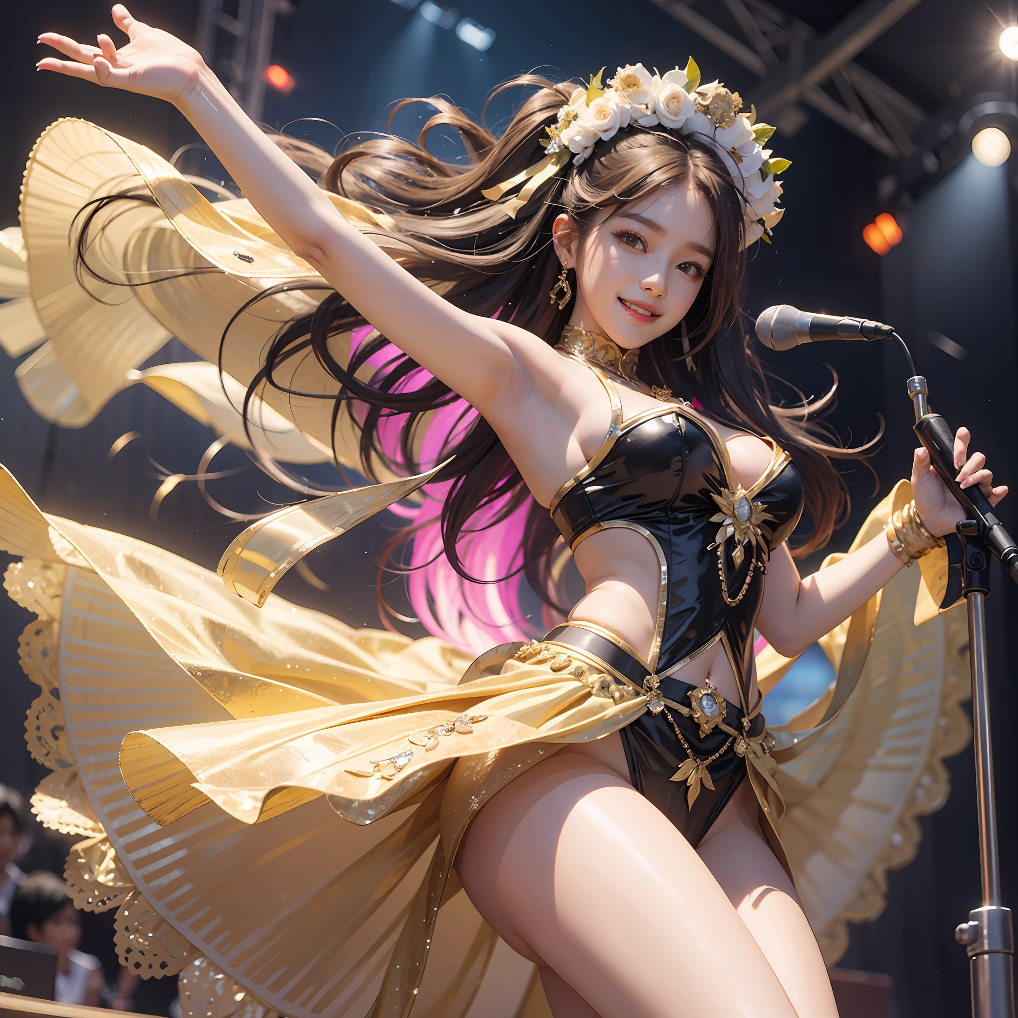 8k, highest quality, high resolution, realistic, real person, live stage with a large audience, one girl, young and cute korean idol, ((KARA)), big, long and beautiful legs, dancing violently in various poses while smiling on stage, holding microphone in hand, revealing gorgeous costume, beautiful light up