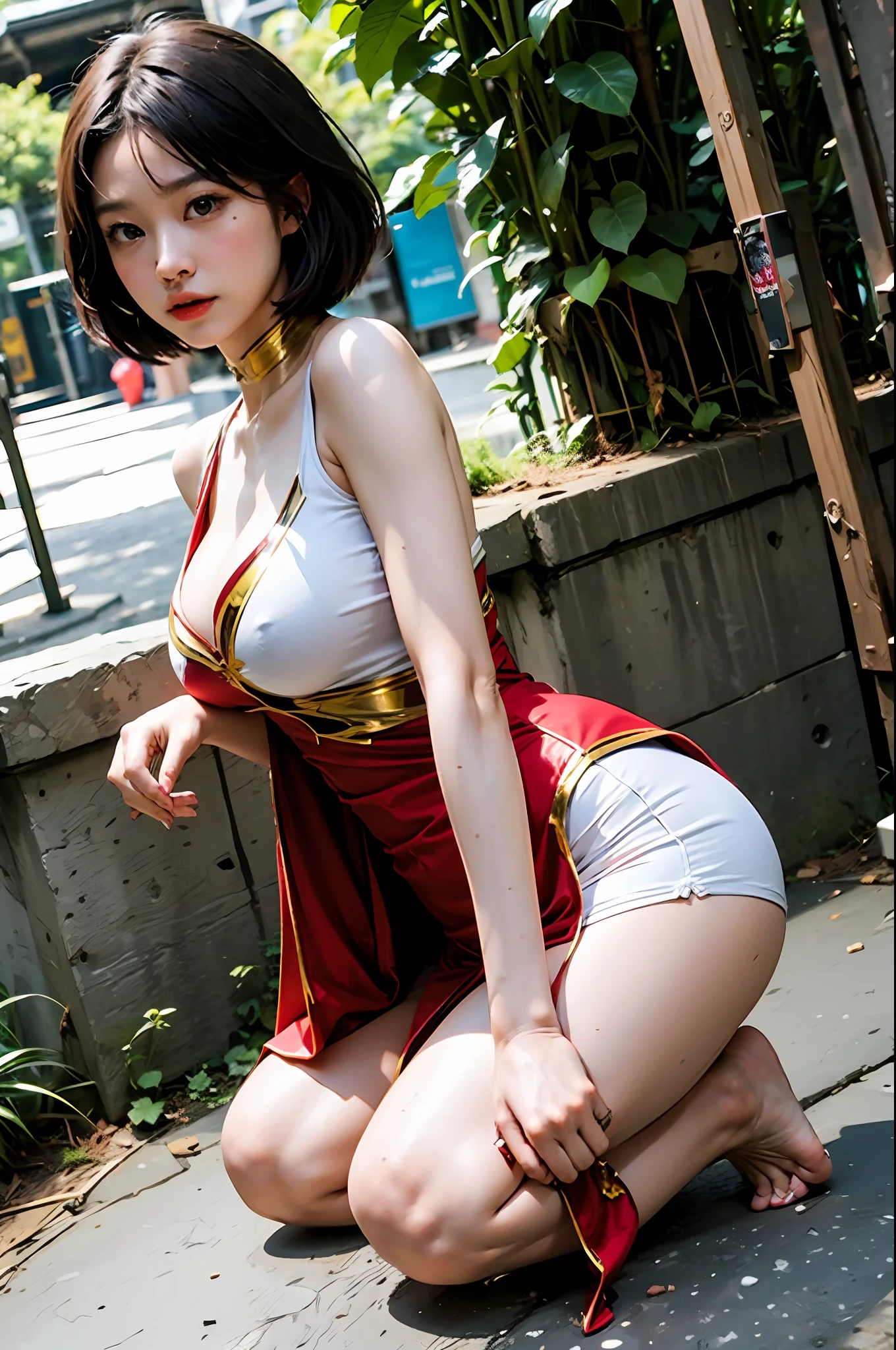 Woman body set big breasts、supergirl costume、ple short hair、Jungle、lowangle、barefeet