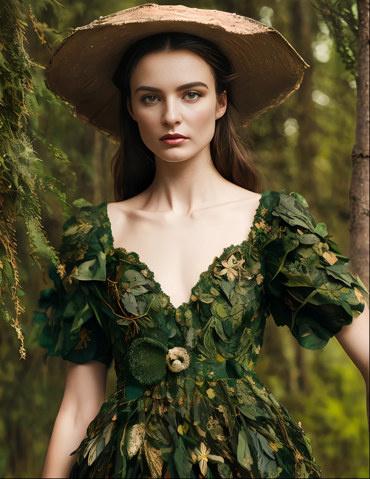 woman is in green leaf suit of lace and felt posing for picture, standing in the Forest in the style of textile assemblages, ornamental details and embellishments, muted, earthy tones, pre-raphaelite-inspired, exquisite clothing detail