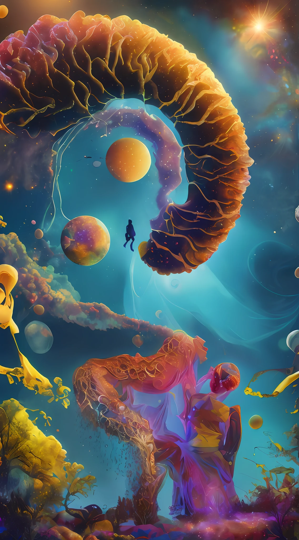 Incredible and spectacular scene, a "((high quality)), (detailed)), ((fantasy)), illustration, perspective (45 degree tilt angle), theme (enchanted forest style), scene elements (handsome boy, beautiful girl), picture quality (3D rendering effect), exquisite details, beautiful lights "emerge from glowing clouds, fractal nebula lines, cosmic entities, celestial bodies, universes, vibrant and vivid, swirling, rotating, impractical, high contrast, co-metabolic, magical, mysterious, mysterious, surreal, Oversaturated, colorful