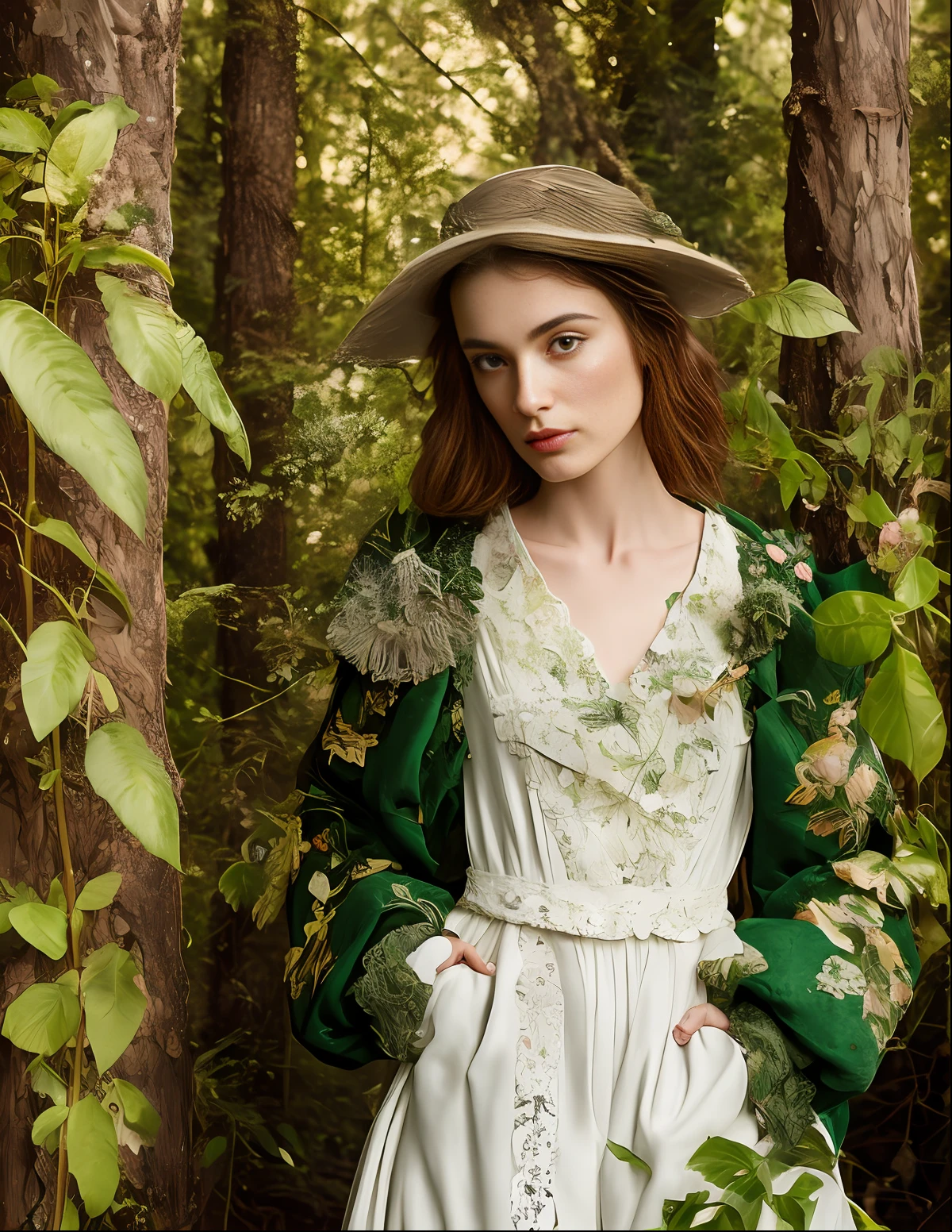 woman is in green leaf suit of lace and felt posing for picture, standing in the Forest  in the style of textile assemblages, ornamental details and embellishments, muted, earthy tones, pre-raphaelite-inspired, exquisite clothing detail