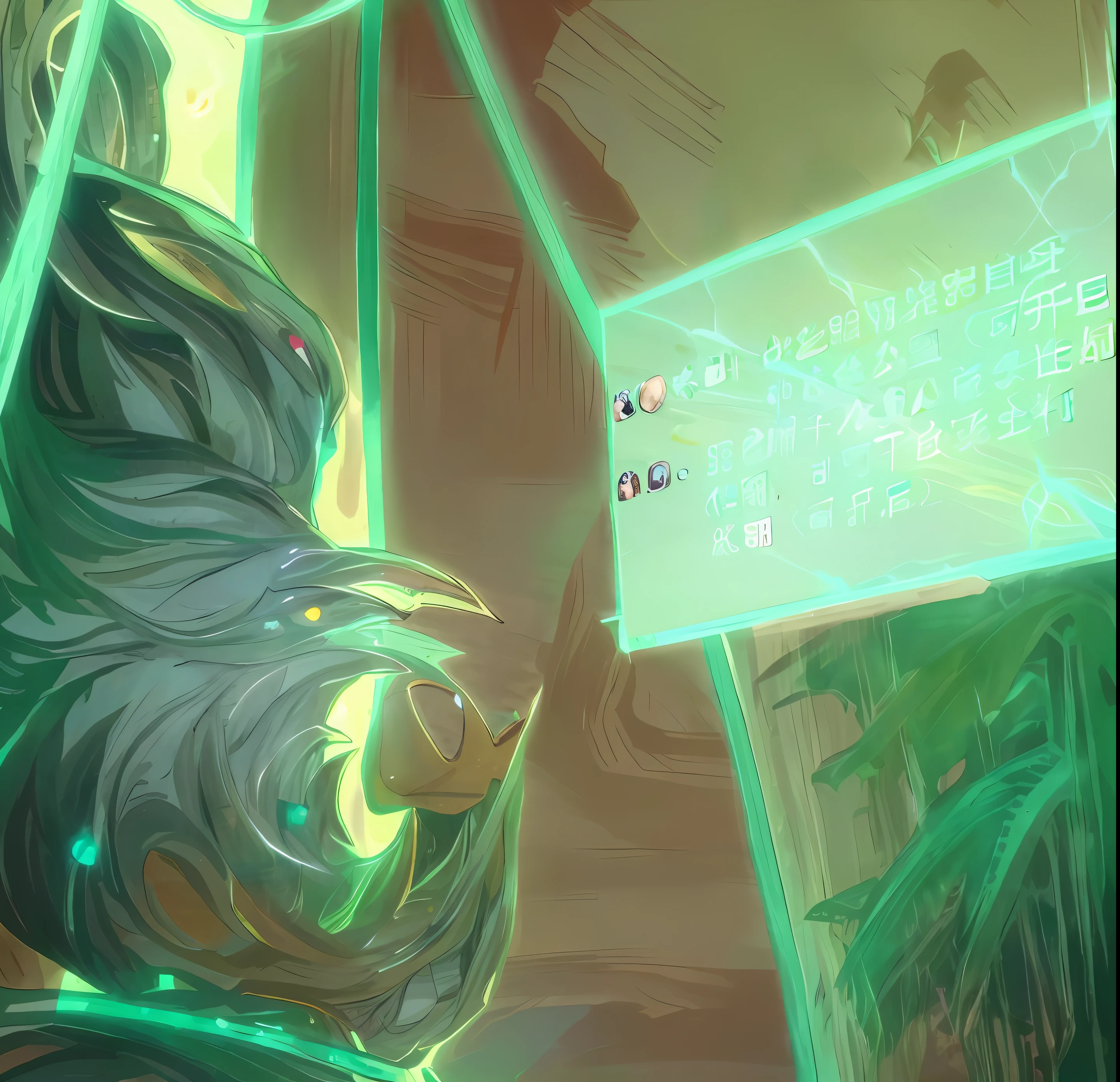 anime character holding a sign with a green background, chinese text, emerald tablet, screenshot from the anime film, random background scene, background image, game screenshot, background art, Author：Shitao, cutscene, Author：New Art, from league of legends, profile picture 1024px, isekai manga panel, lu ji, from hearthstone --auto