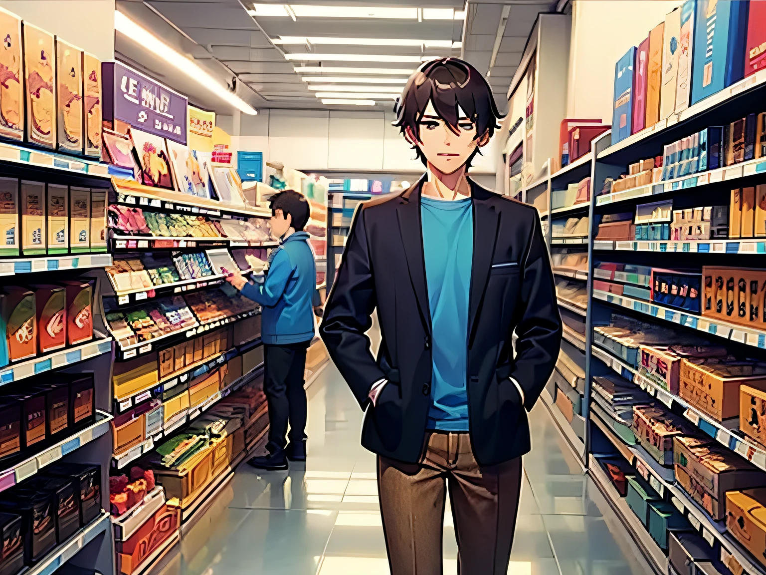 man,Being in store,Wear a blue shirt jacket,Brown jeans,Picking products,Be prepared to pay,Anime Style