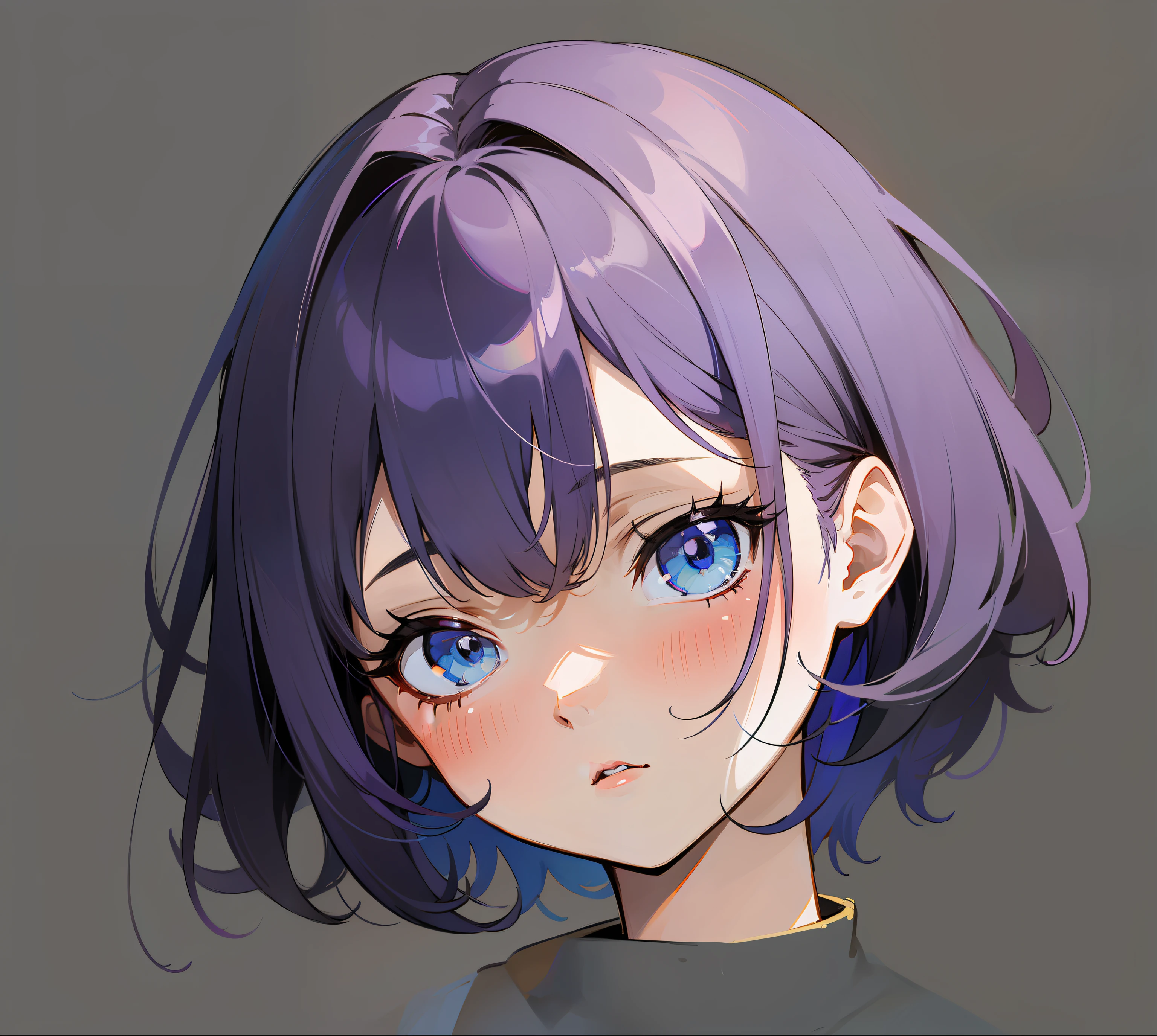Anime girl with purple hair and blue eyes staring at something, anime moe art style,