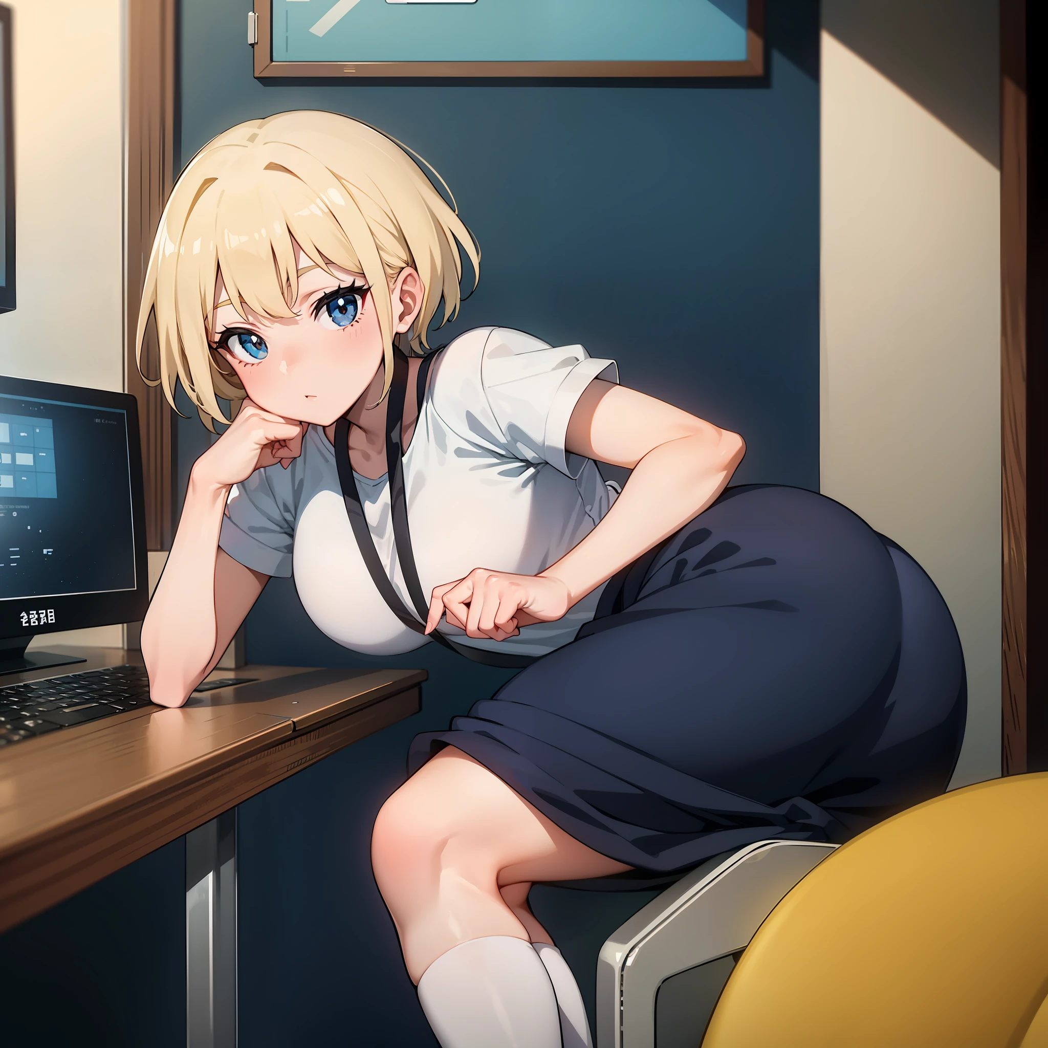 anime girl sitting at a desk with a laptop computer,