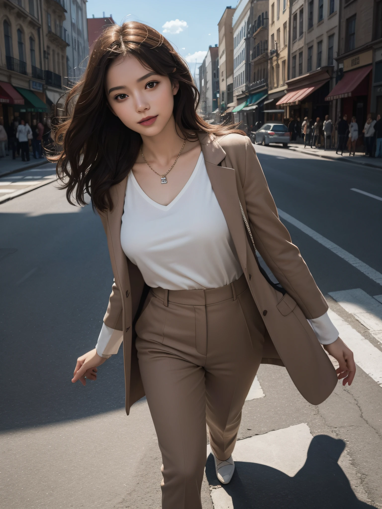Realism, Surreal painting, Photo-real, Sunlight, (Perfect body:1.1), (sideways:1.4), (Short wavy:1.2), Smile, Russet hair, diamond necklace, full body photo, crowded streets, brown casual suit, white undershirt, (extremely detailed 8k wallpaper), (extremely refined and beautiful), (masterpiece), (best quality: 1.0), (super high resolution: 1.0), beautiful lighting, realistic shadows, high resolution, detailed skin, super detailed,