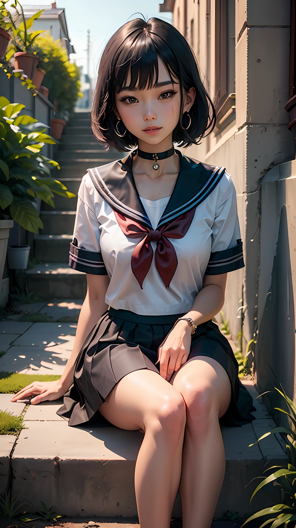 1女孩, hair bangs, black_choker, black_hair, blue_sailor_collar, blue_skirt, bushes, Choker, Collarbone, sky, ear ring, blossoms, jewellery, Lips, looking_at_viewer, out door, Botanical, pleated_skirt, potted_plant, pathway, sailor_collar, school_uniform, serafuku, Camisa, short_hair, short_sleeves, sits, sskirt, Sorrisos, solo, stairway, --auto
