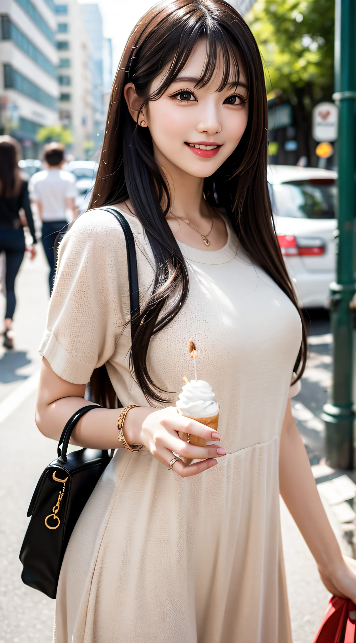 Top level CG,1girl, black long hair, flowing long hair, beautiful, On the street,day,With bangs,Summer Style,Dessert,Dessert in hand,Smiling sweetly,Dessert,Summer outfits