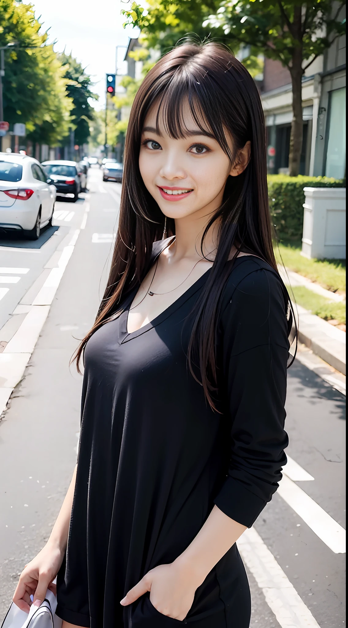 Top CG,1 girl, Long Black Hair, long flowing hair, beautiful, on a street, day, bangs, summer style, Sweet smile,