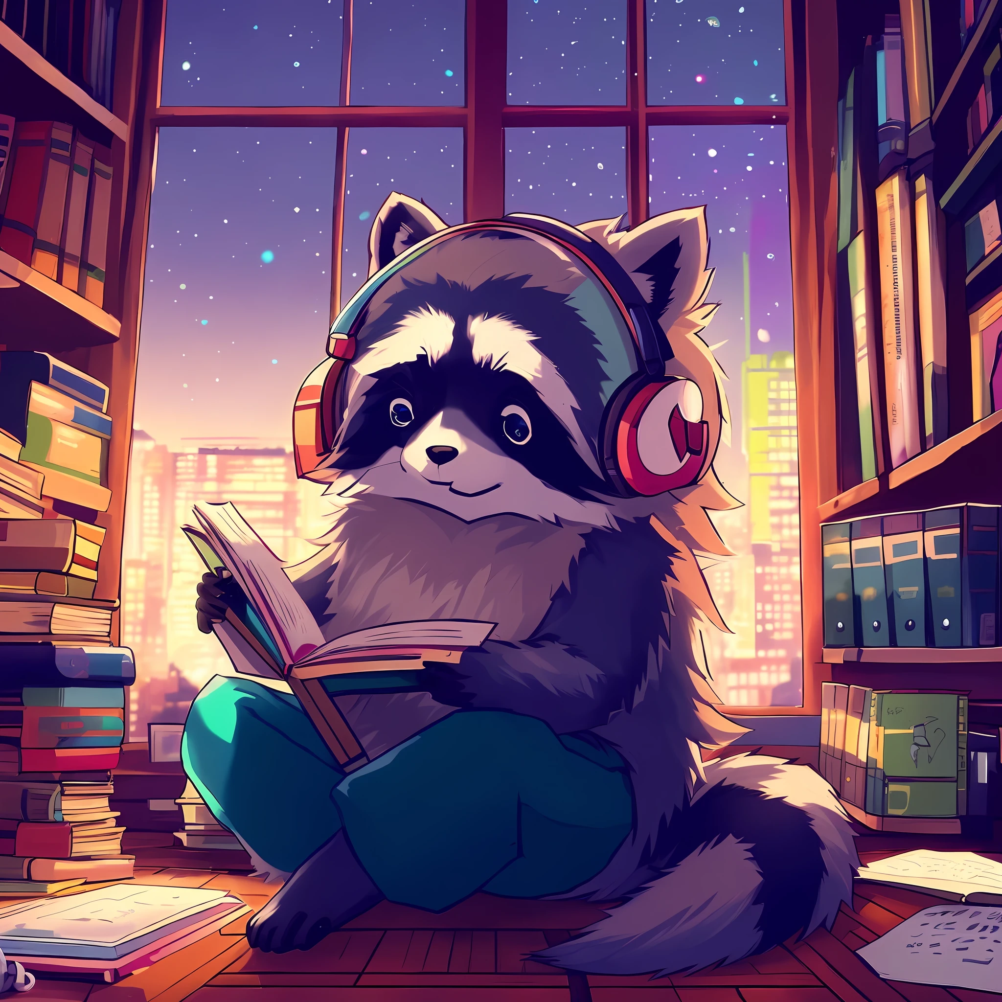 a raccoon sitting on a floor reading a book in a library, lofi art, lofi artstyle, racoon, anthropomorphic racoon, lofi hip hop, lofi portrait, lofi vibes, rocket raccoon, lofi vibe, anime art wallpaper 4 k, anime art wallpaper 4k, 4 k manga wallpaper, high quality wallpaper