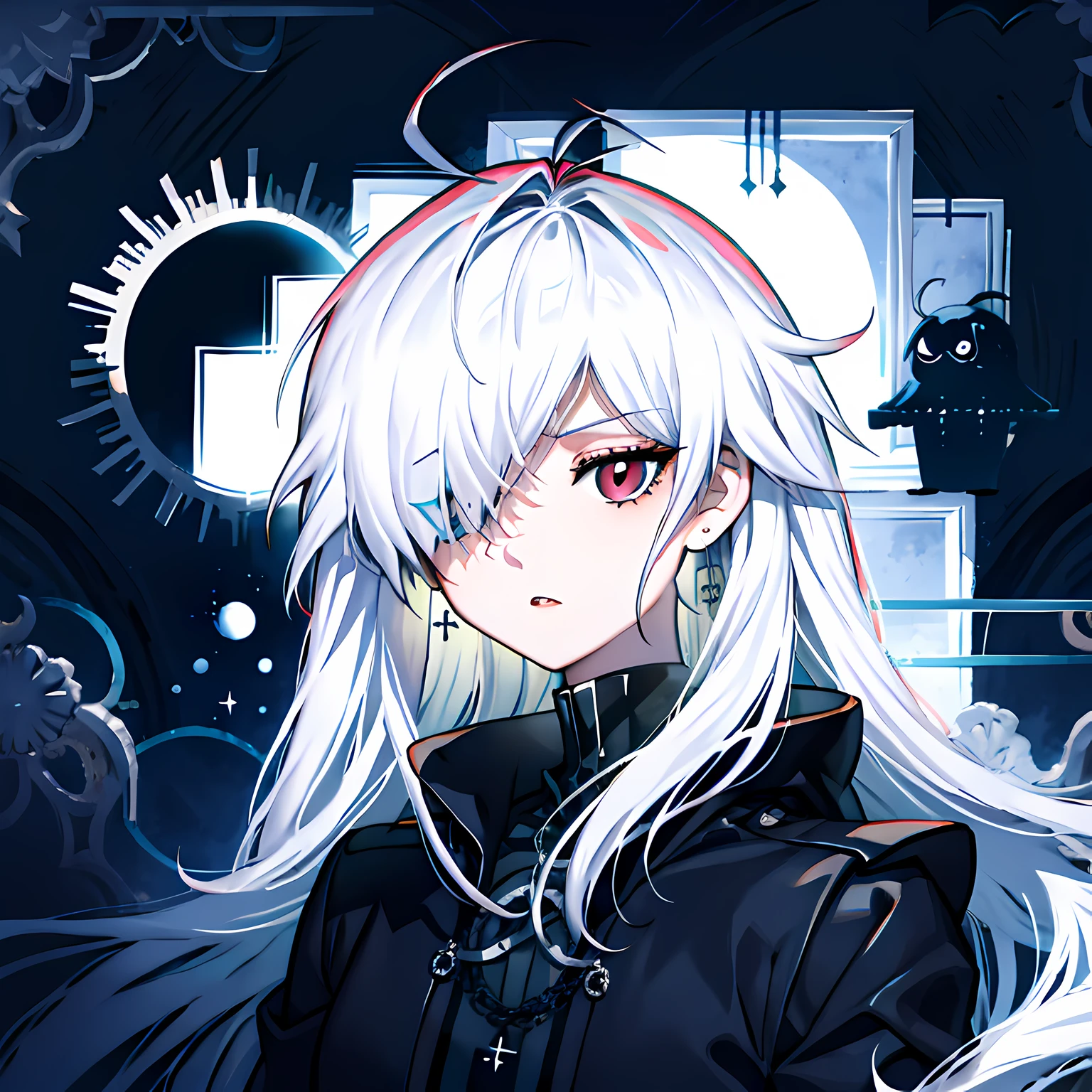 anime girl with white hair and blue eyes in black outfit, gothic maiden anime girl, Dark Gothic queen with red eyes, white haired, 1 7 - year - old anime goth girl, white haired deity, digital art from danganronpa, demon anime girl, Perfect gray haired girl, White haired girl, zerochan art, digital art on pixiv,Exquisite pictures,hd picture,Detail optimization,Contour optimization,Long straight white hair,Hair Over One Eye, very long hair, huge ahoge, antenna hair, glaring, eyebrows behind hair, Disgusted expressions, highdetailed, animesexy,, stereogram, light and shade contrast, depth offield、, image fill, pov, Gothic art, highdetailed, ccurate,bishojo,Delicate earrings,There are black shadows around the eyes,Behind a half moon